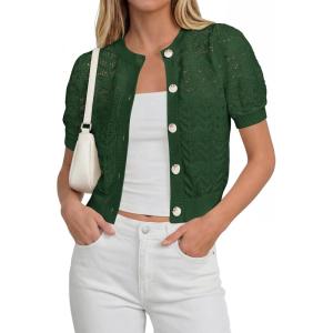 PRETTYGARDEN Women Summer Crochet Puff Short Sleeve Cardigan Lightweight Spring Cropped Button Up Beach Knit Sweater Tops(Green)