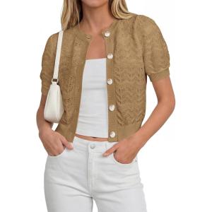 PRETTYGARDEN Women Summer Crochet Puff Short Sleeve Cardigan Lightweight Spring Cropped Button Up Beach Knit Sweater Tops(Khaki)