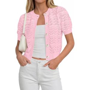 PRETTYGARDEN Women Summer Crochet Puff Short Sleeve Cardigan Lightweight Spring Cropped Button Up Beach Knit Sweater Tops(Pink)
