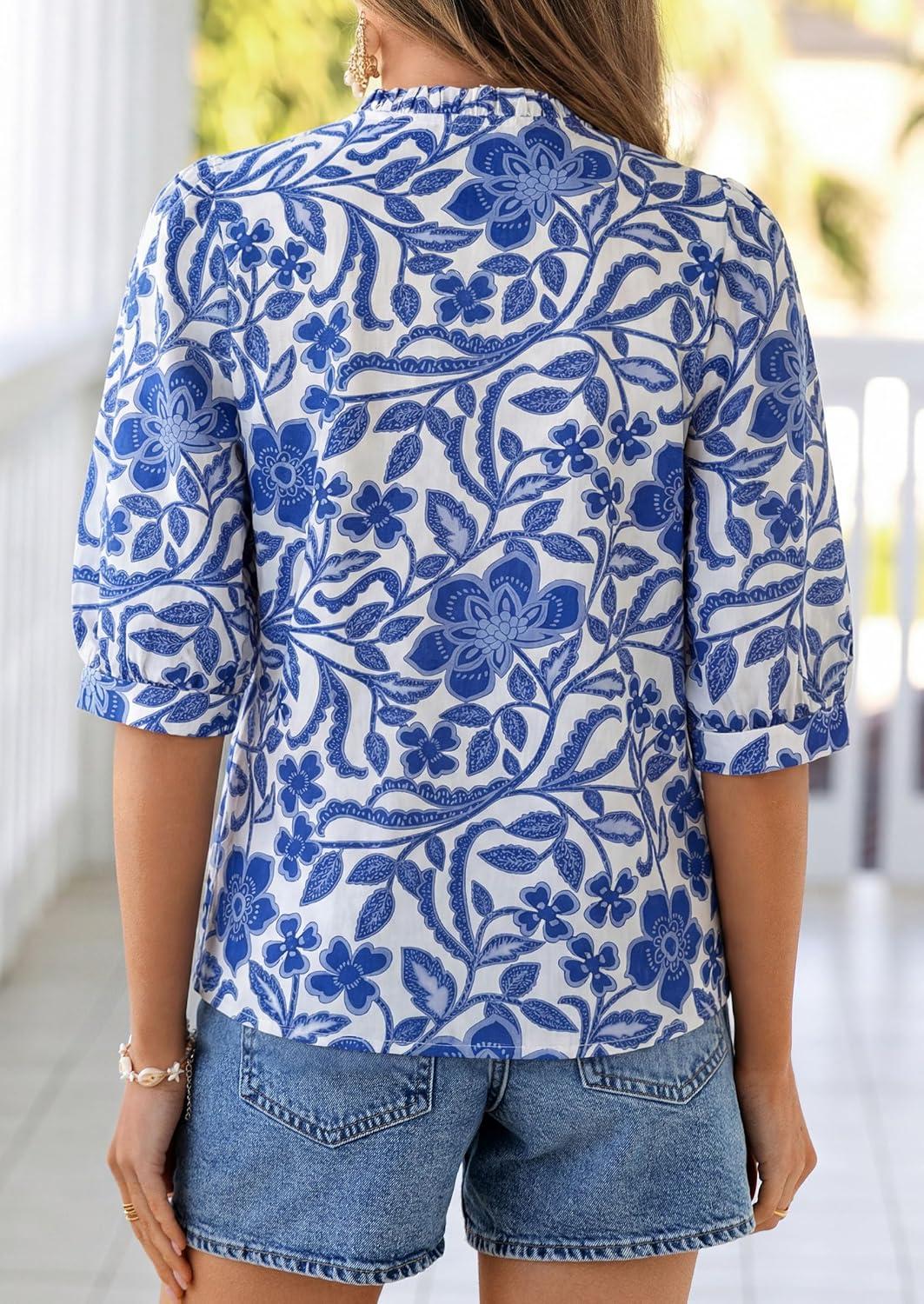 imagePRETTYGARDEN Womens 2026 Summer Floral Blouses Dressy Casual Half Sleeve V Neck Going Out Boho Tops Spring Fashion ClothingBlue