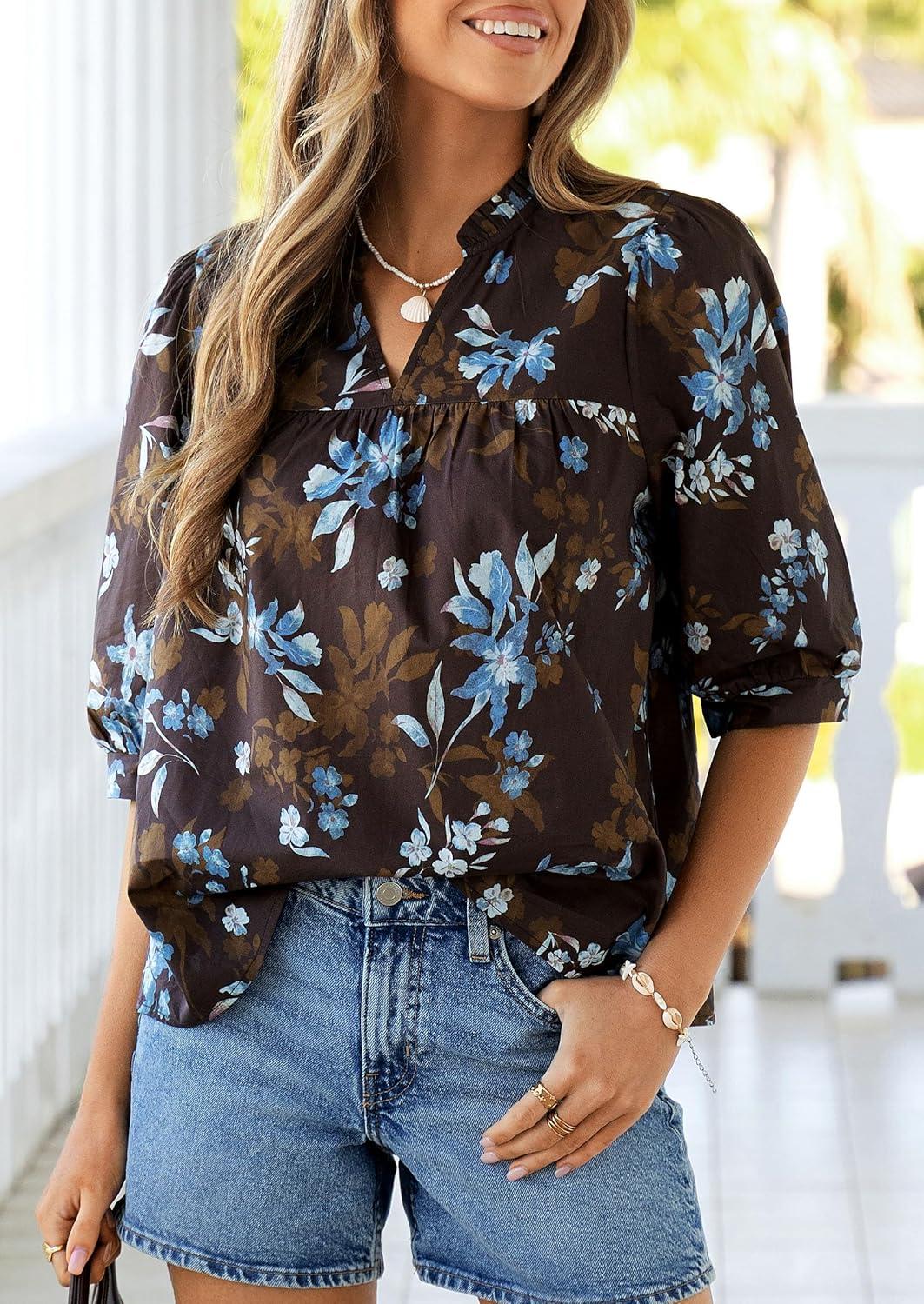 imagePRETTYGARDEN Womens 2026 Summer Floral Blouses Dressy Casual Half Sleeve V Neck Going Out Boho Tops Spring Fashion ClothingCoffee