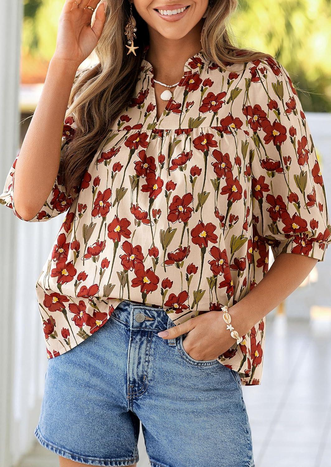 imagePRETTYGARDEN Womens 2026 Summer Floral Blouses Dressy Casual Half Sleeve V Neck Going Out Boho Tops Spring Fashion ClothingFloral Apricot Red