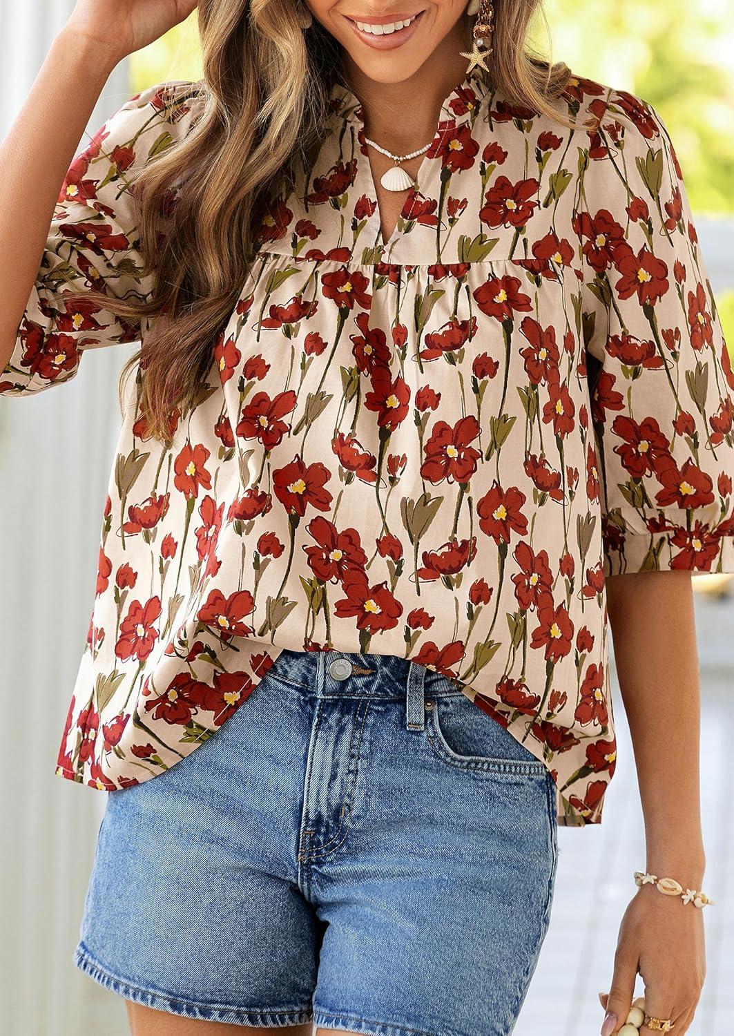 imagePRETTYGARDEN Womens 2026 Summer Floral Blouses Dressy Casual Half Sleeve V Neck Going Out Boho Tops Spring Fashion ClothingFloral Apricot Red