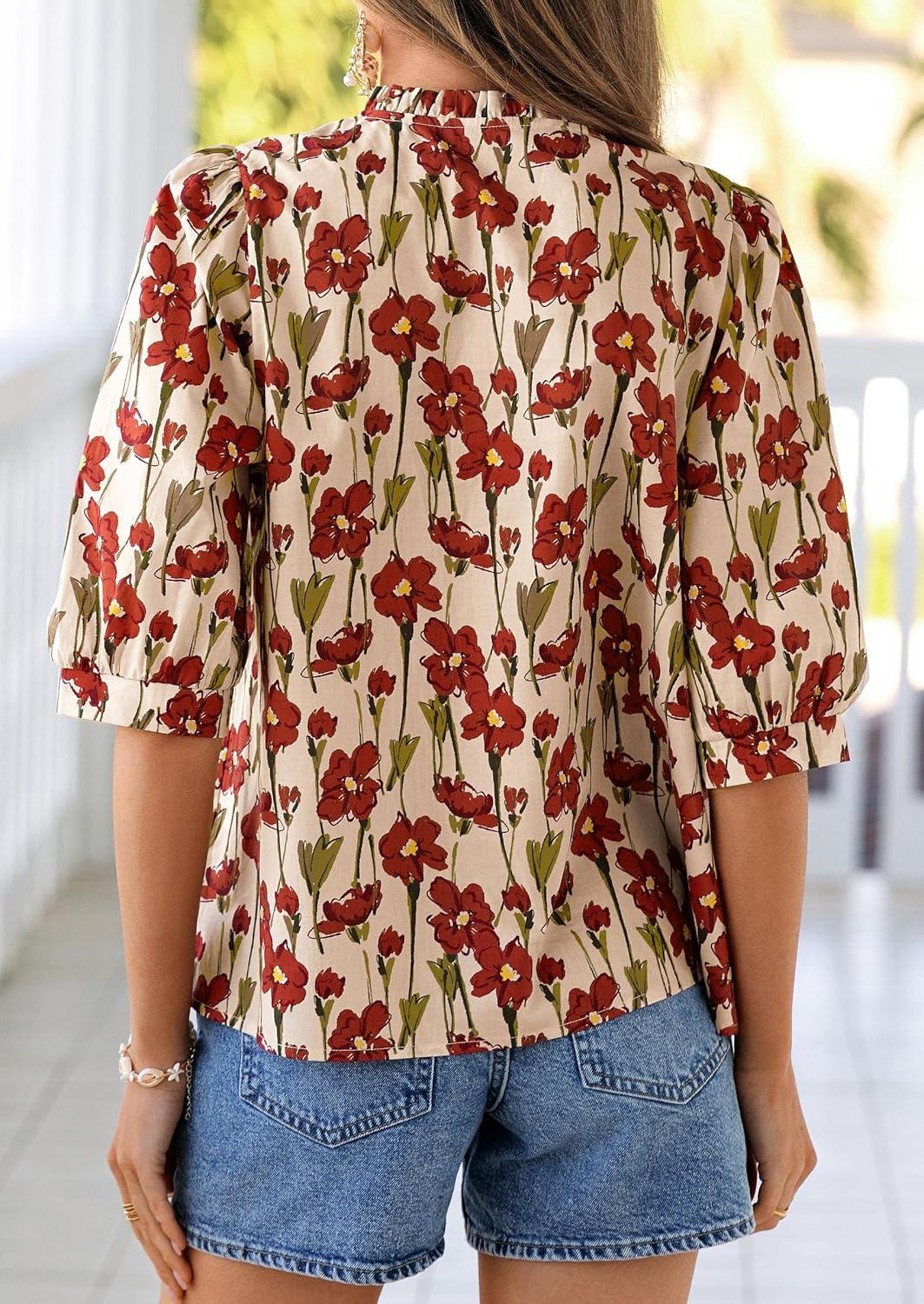 imagePRETTYGARDEN Womens 2026 Summer Floral Blouses Dressy Casual Half Sleeve V Neck Going Out Boho Tops Spring Fashion ClothingFloral Apricot Red