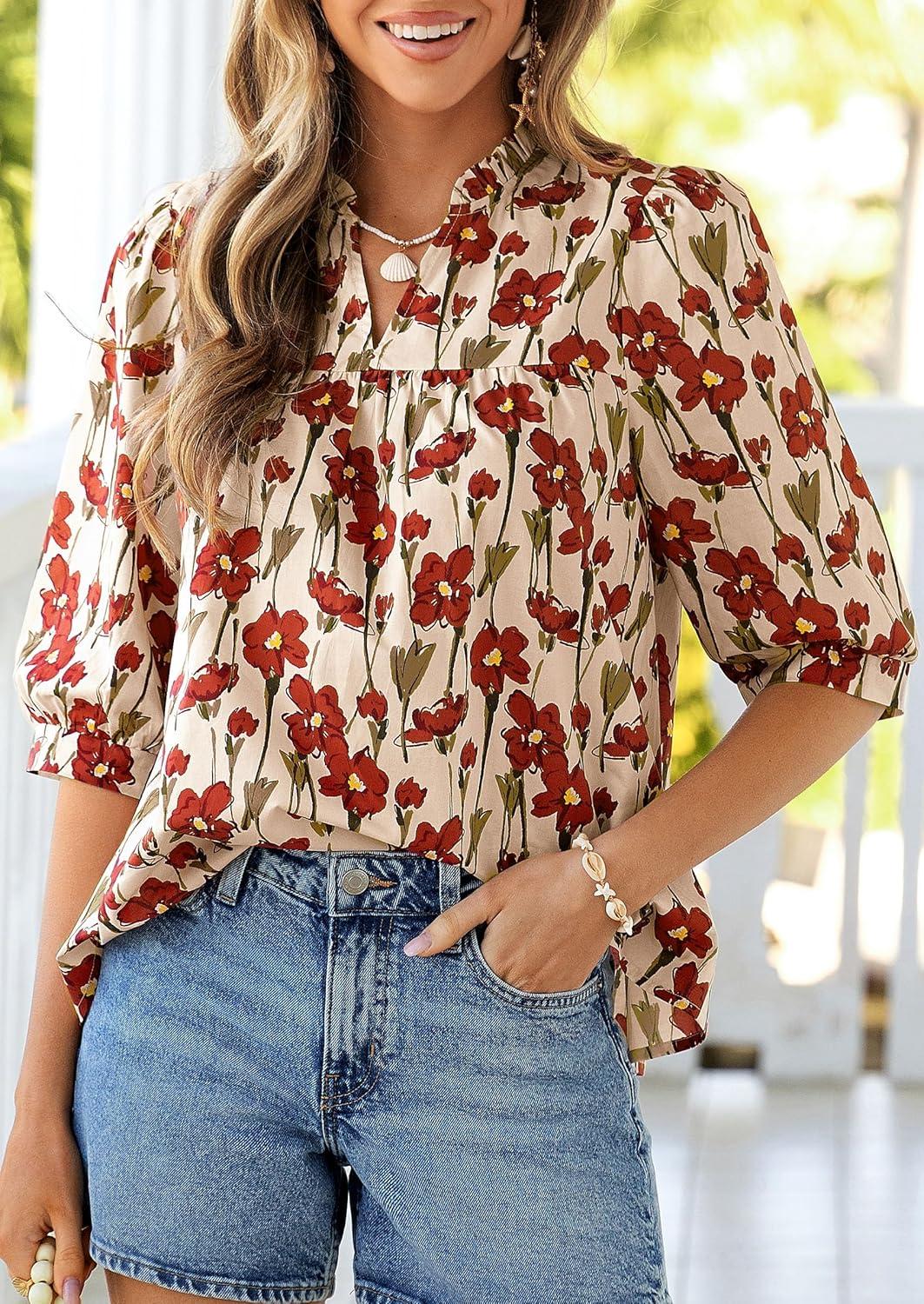 imagePRETTYGARDEN Womens 2026 Summer Floral Blouses Dressy Casual Half Sleeve V Neck Going Out Boho Tops Spring Fashion ClothingFloral Apricot Red