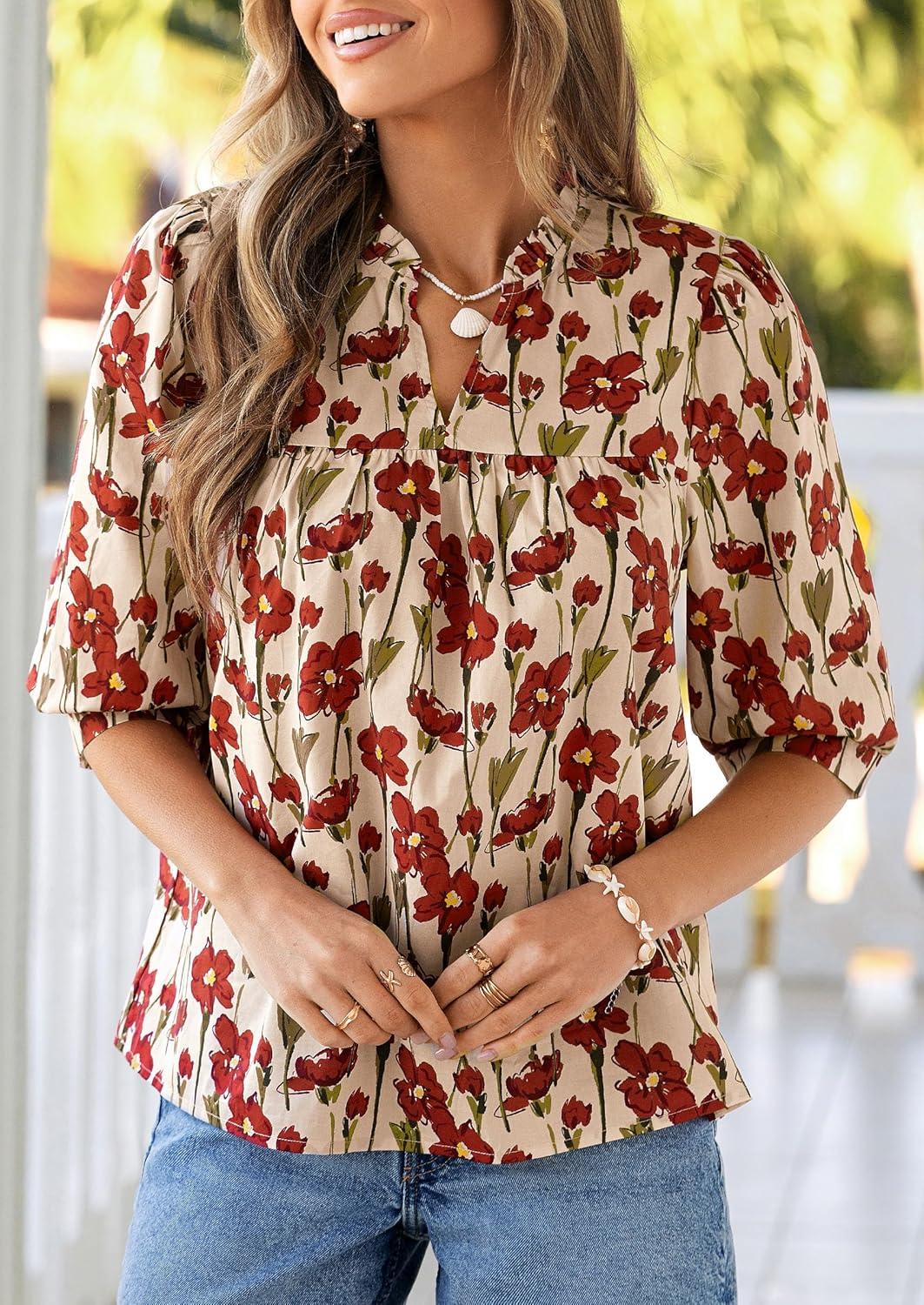 imagePRETTYGARDEN Womens 2026 Summer Floral Blouses Dressy Casual Half Sleeve V Neck Going Out Boho Tops Spring Fashion ClothingFloral Apricot Red