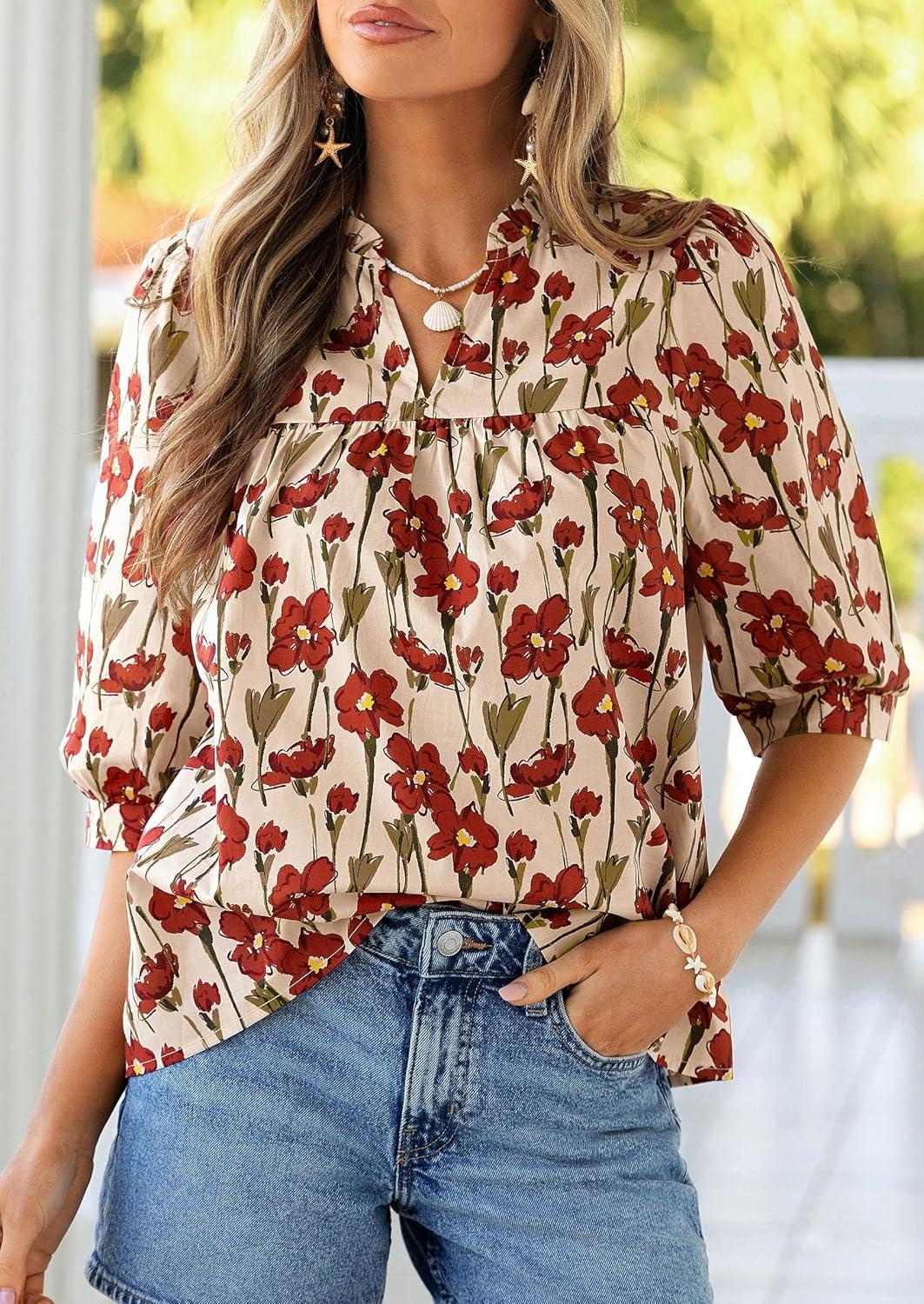 imagePRETTYGARDEN Womens 2026 Summer Floral Blouses Dressy Casual Half Sleeve V Neck Going Out Boho Tops Spring Fashion ClothingFloral Apricot Red