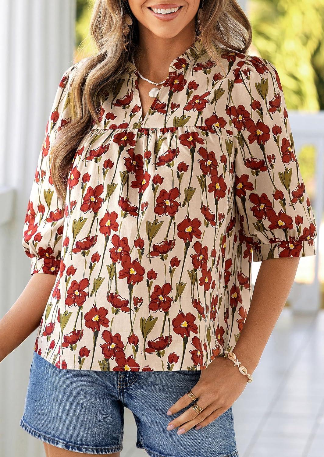 imagePRETTYGARDEN Womens 2026 Summer Floral Blouses Dressy Casual Half Sleeve V Neck Going Out Boho Tops Spring Fashion ClothingFloral Apricot Red