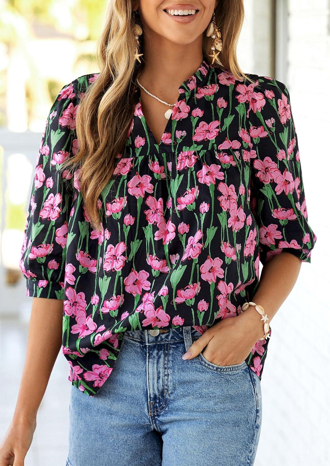 imagePRETTYGARDEN Womens 2026 Summer Floral Blouses Dressy Casual Half Sleeve V Neck Going Out Boho Tops Spring Fashion ClothingFloral Black Pink