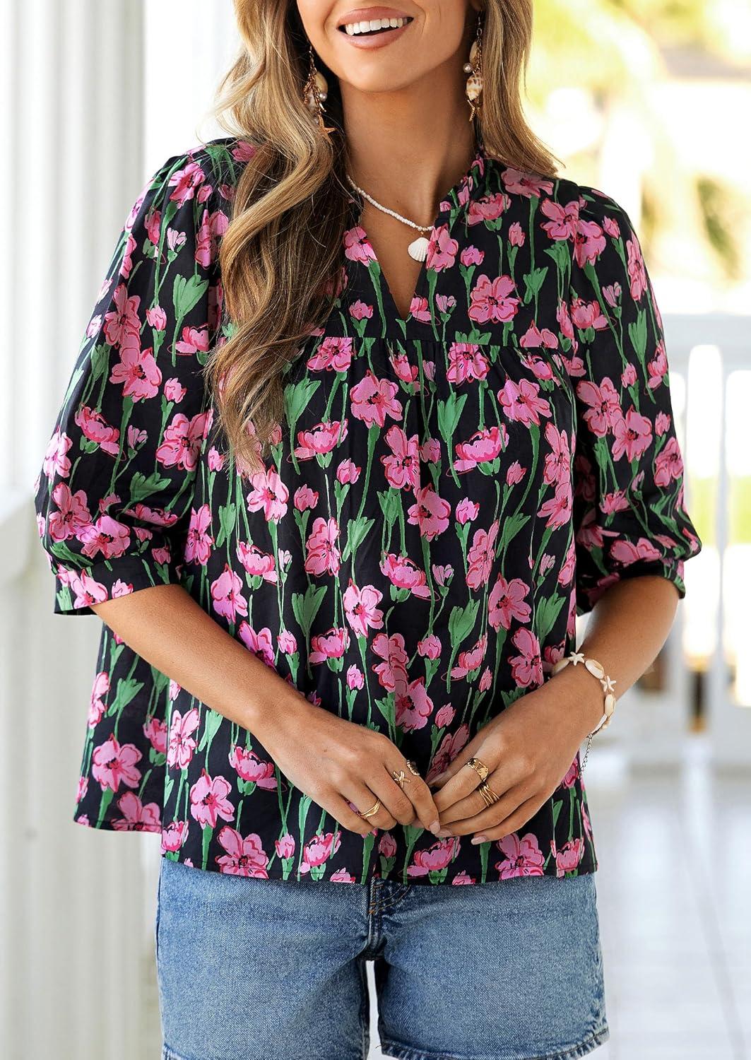imagePRETTYGARDEN Womens 2026 Summer Floral Blouses Dressy Casual Half Sleeve V Neck Going Out Boho Tops Spring Fashion ClothingFloral Black Pink