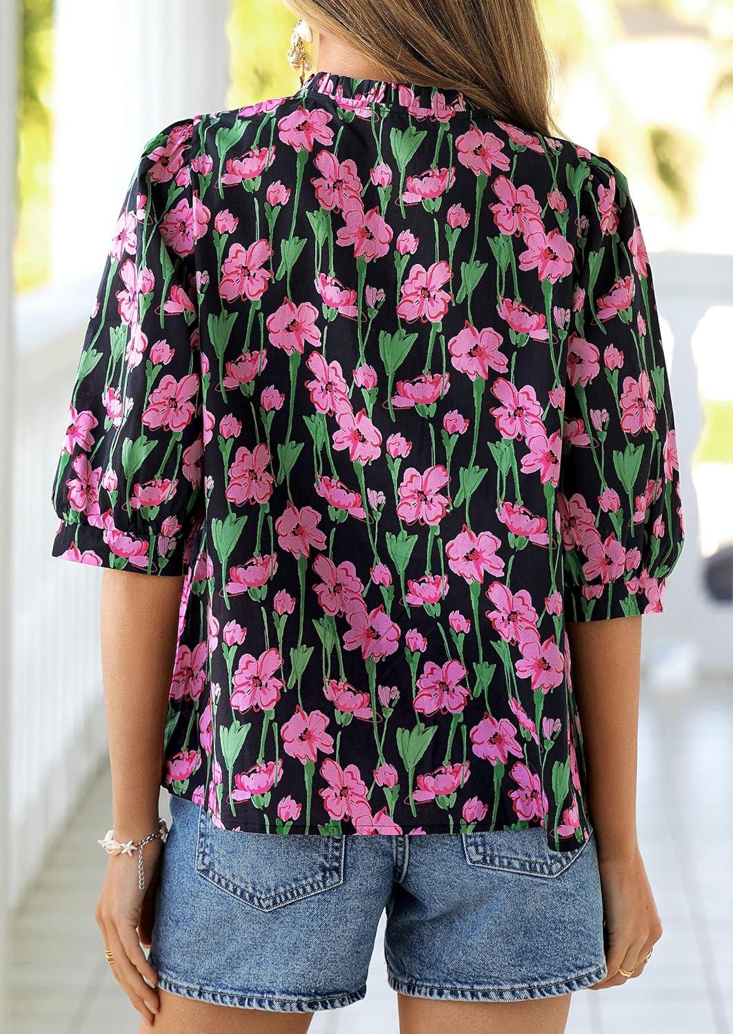 imagePRETTYGARDEN Womens 2026 Summer Floral Blouses Dressy Casual Half Sleeve V Neck Going Out Boho Tops Spring Fashion ClothingFloral Black Pink