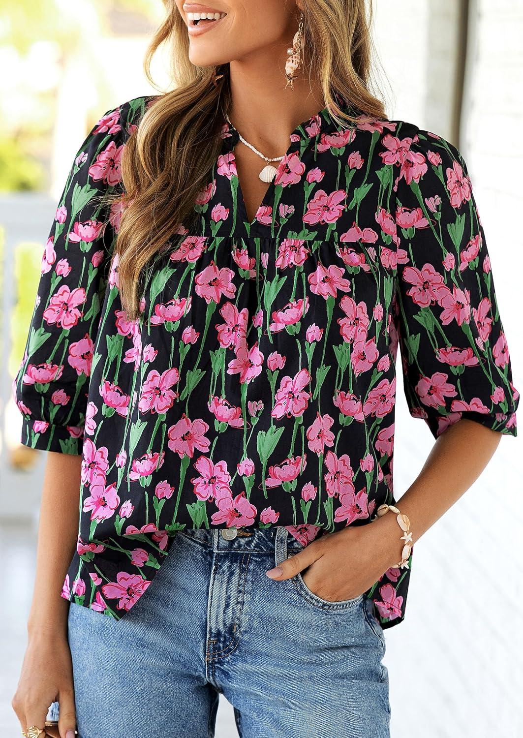 imagePRETTYGARDEN Womens 2026 Summer Floral Blouses Dressy Casual Half Sleeve V Neck Going Out Boho Tops Spring Fashion ClothingFloral Black Pink