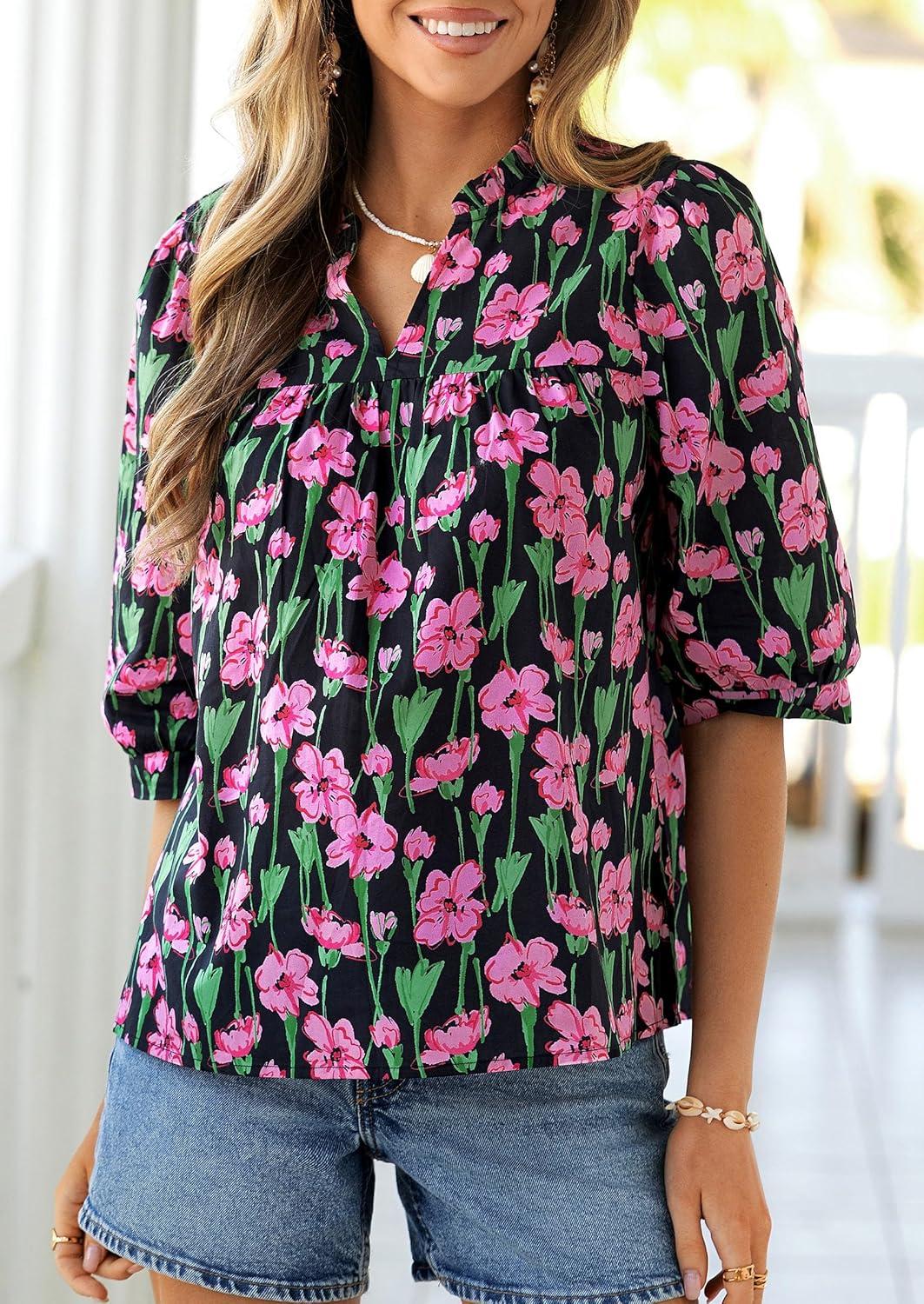 imagePRETTYGARDEN Womens 2026 Summer Floral Blouses Dressy Casual Half Sleeve V Neck Going Out Boho Tops Spring Fashion ClothingFloral Black Pink