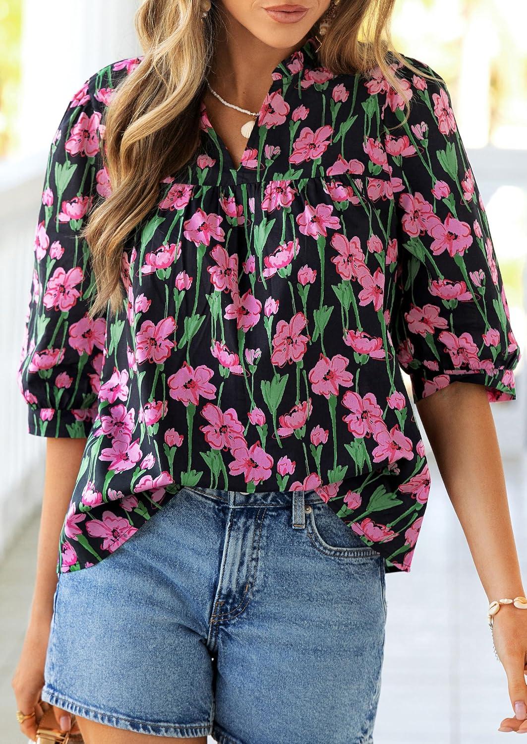 imagePRETTYGARDEN Womens 2026 Summer Floral Blouses Dressy Casual Half Sleeve V Neck Going Out Boho Tops Spring Fashion ClothingFloral Black Pink