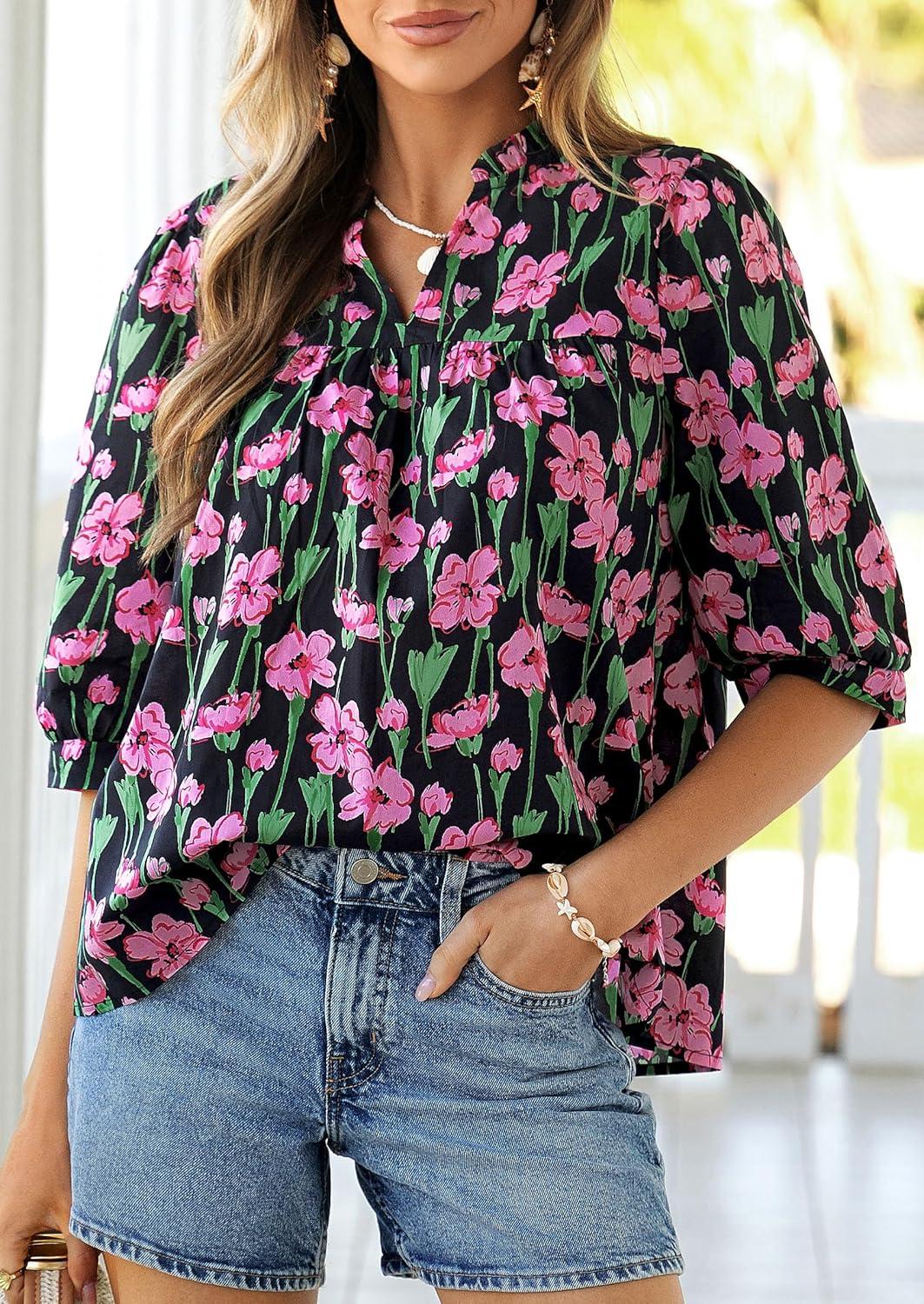 imagePRETTYGARDEN Womens 2026 Summer Floral Blouses Dressy Casual Half Sleeve V Neck Going Out Boho Tops Spring Fashion ClothingFloral Black Pink