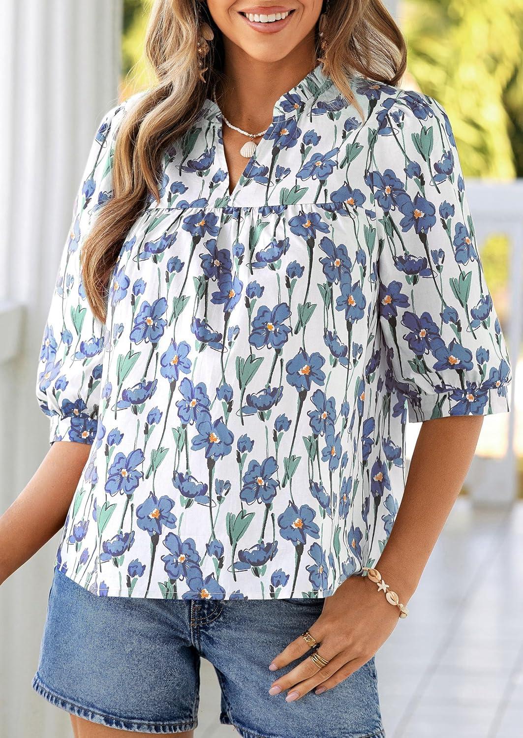 imagePRETTYGARDEN Womens 2026 Summer Floral Blouses Dressy Casual Half Sleeve V Neck Going Out Boho Tops Spring Fashion ClothingFloral White Blue