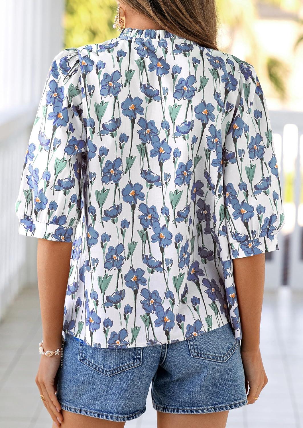 imagePRETTYGARDEN Womens 2026 Summer Floral Blouses Dressy Casual Half Sleeve V Neck Going Out Boho Tops Spring Fashion ClothingFloral White Blue