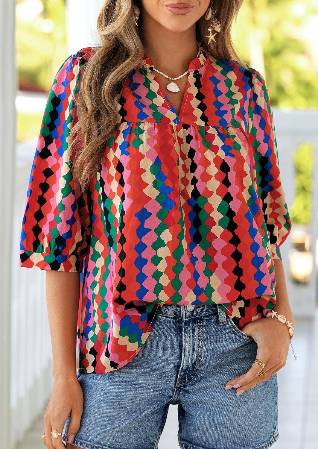 imagePRETTYGARDEN Womens 2026 Summer Floral Blouses Dressy Casual Half Sleeve V Neck Going Out Boho Tops Spring Fashion ClothingMulticolored