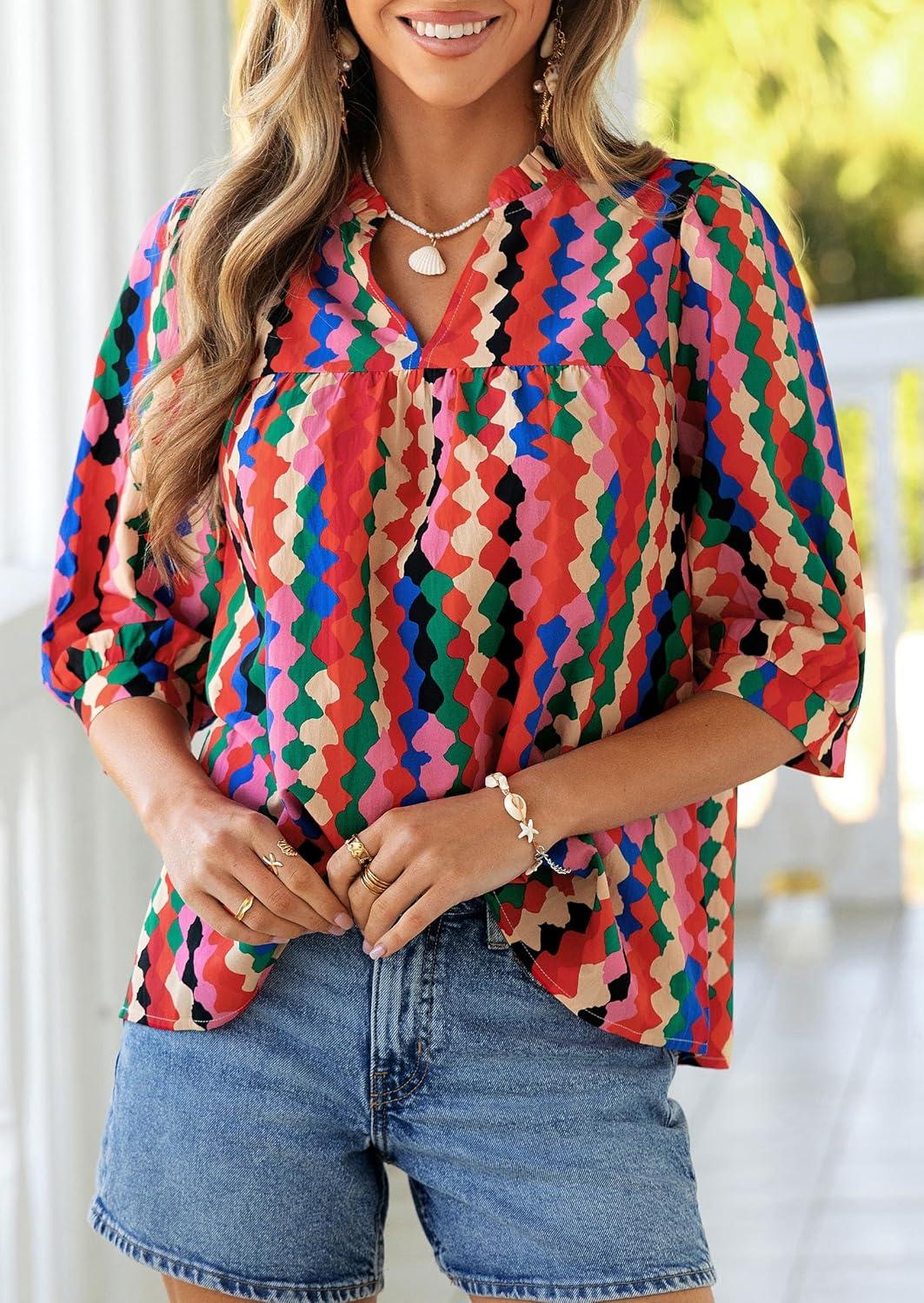 imagePRETTYGARDEN Womens 2026 Summer Floral Blouses Dressy Casual Half Sleeve V Neck Going Out Boho Tops Spring Fashion ClothingMulticolored