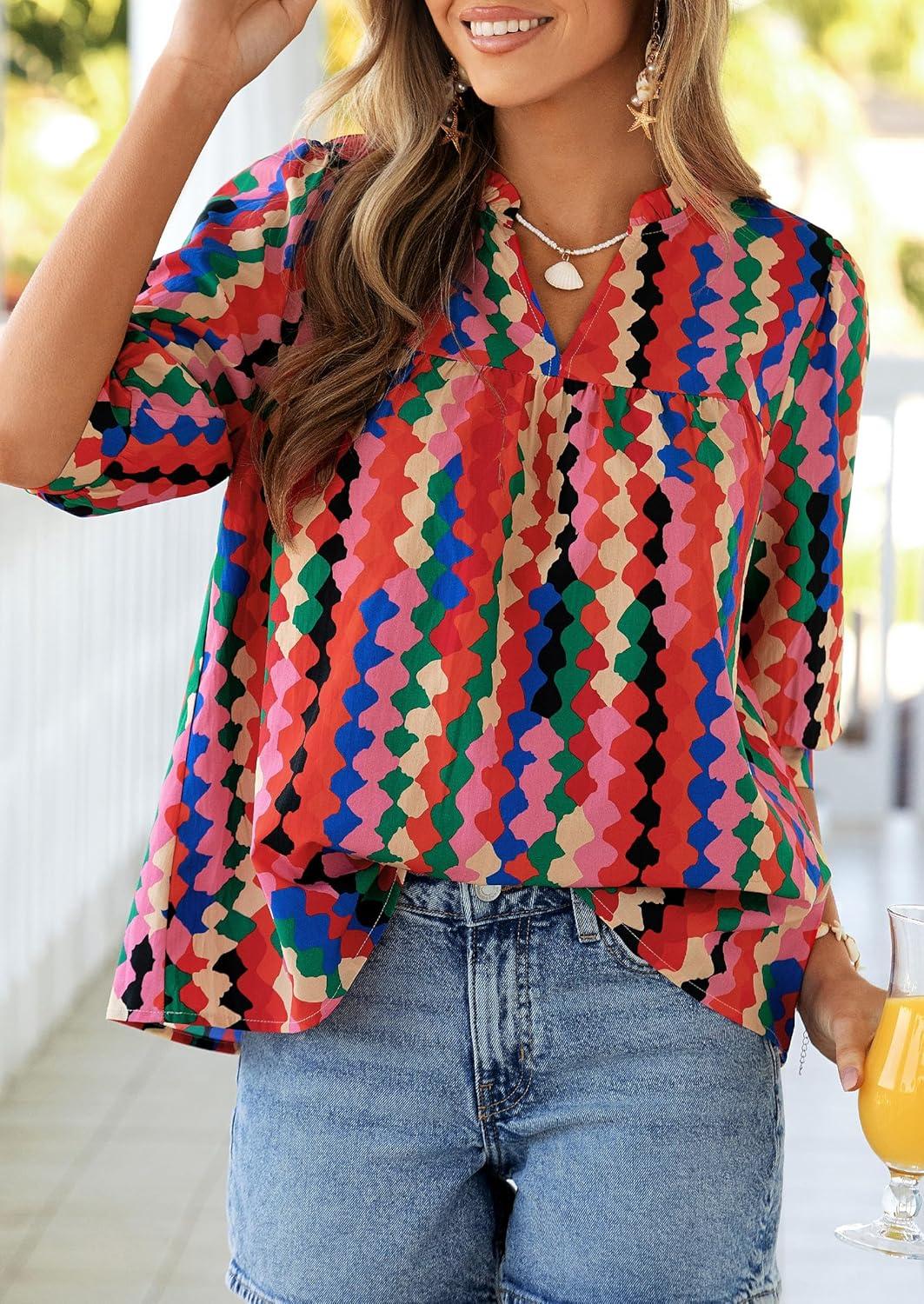 imagePRETTYGARDEN Womens 2026 Summer Floral Blouses Dressy Casual Half Sleeve V Neck Going Out Boho Tops Spring Fashion ClothingMulticolored