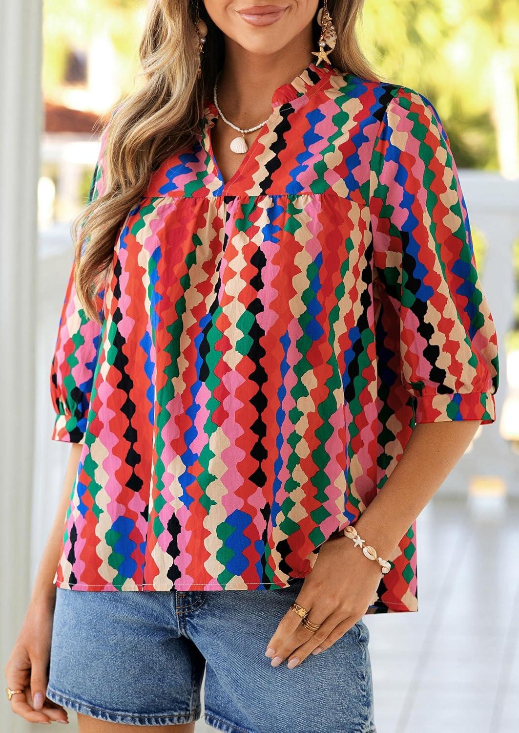 imagePRETTYGARDEN Womens 2026 Summer Floral Blouses Dressy Casual Half Sleeve V Neck Going Out Boho Tops Spring Fashion ClothingMulticolored