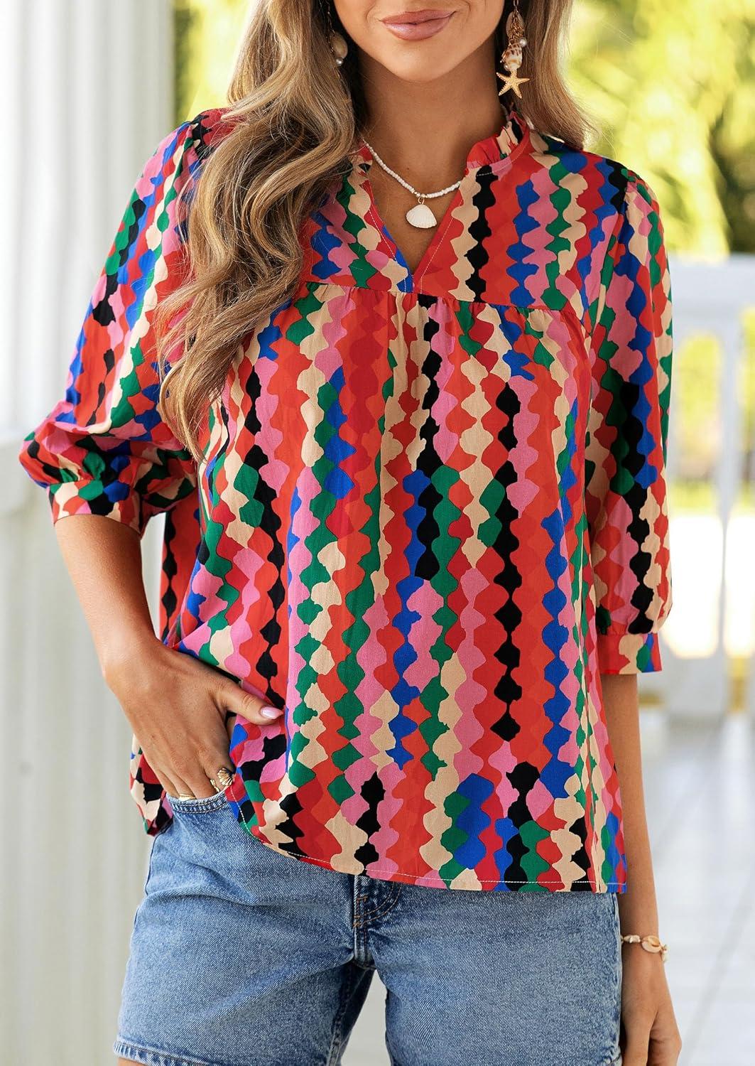 imagePRETTYGARDEN Womens 2026 Summer Floral Blouses Dressy Casual Half Sleeve V Neck Going Out Boho Tops Spring Fashion ClothingMulticolored
