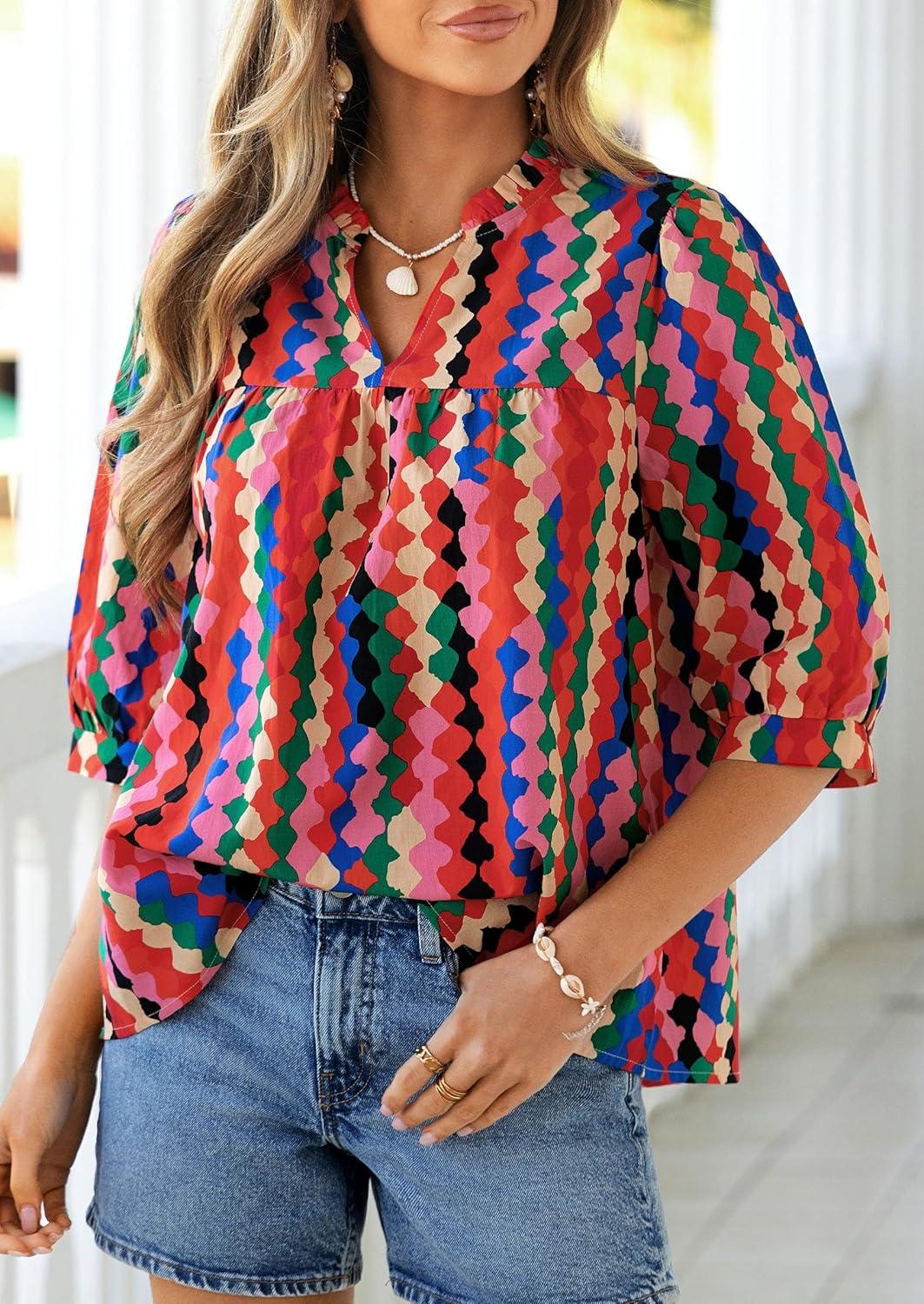 imagePRETTYGARDEN Womens 2026 Summer Floral Blouses Dressy Casual Half Sleeve V Neck Going Out Boho Tops Spring Fashion ClothingMulticolored