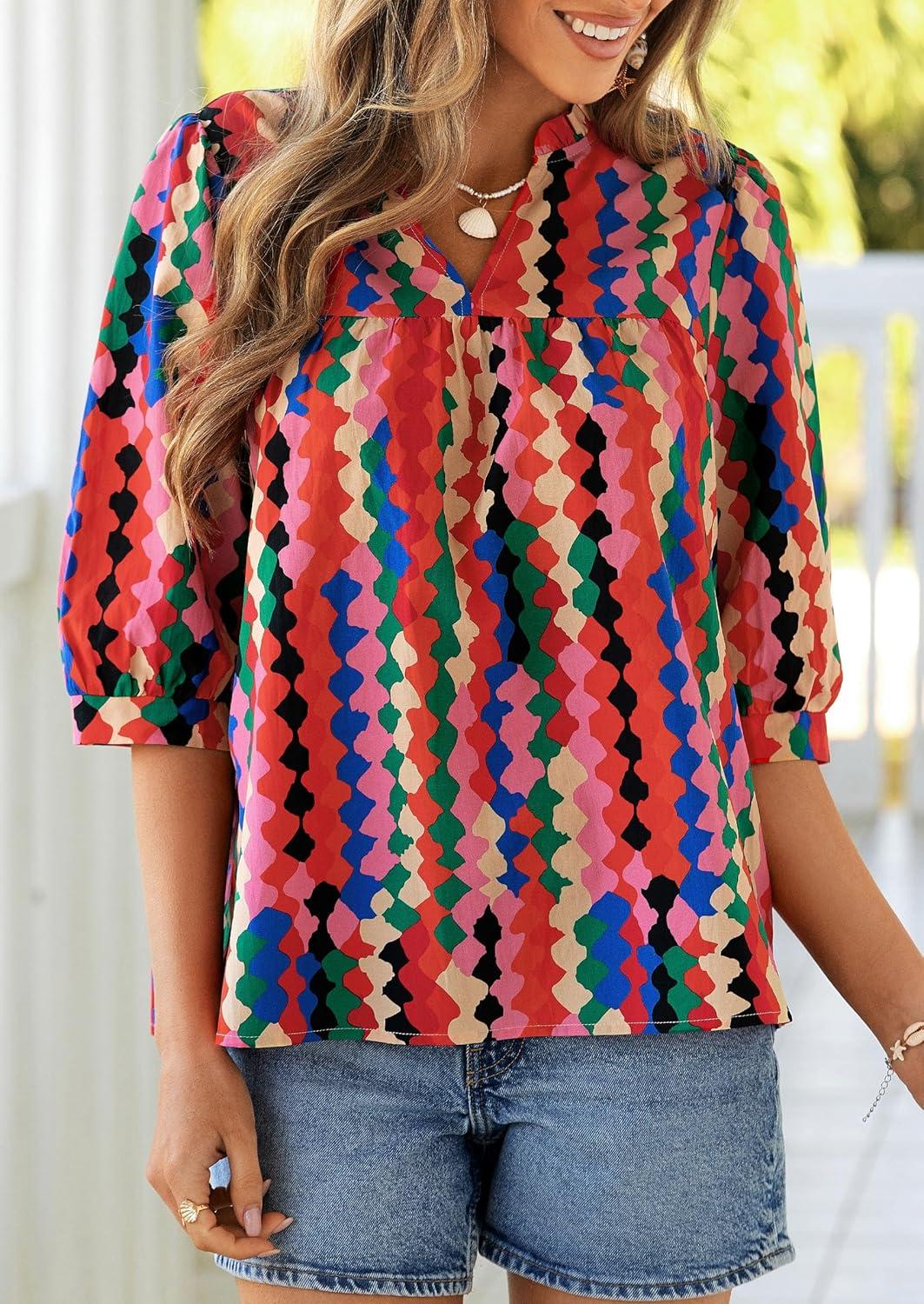 imagePRETTYGARDEN Womens 2026 Summer Floral Blouses Dressy Casual Half Sleeve V Neck Going Out Boho Tops Spring Fashion ClothingMulticolored
