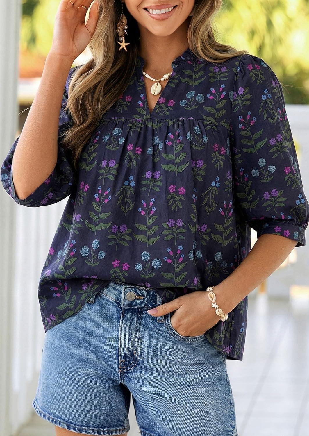imagePRETTYGARDEN Womens 2026 Summer Floral Blouses Dressy Casual Half Sleeve V Neck Going Out Boho Tops Spring Fashion ClothingNavy Blue