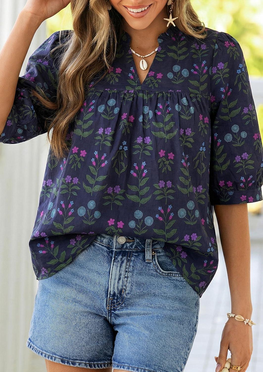 imagePRETTYGARDEN Womens 2026 Summer Floral Blouses Dressy Casual Half Sleeve V Neck Going Out Boho Tops Spring Fashion ClothingNavy Blue