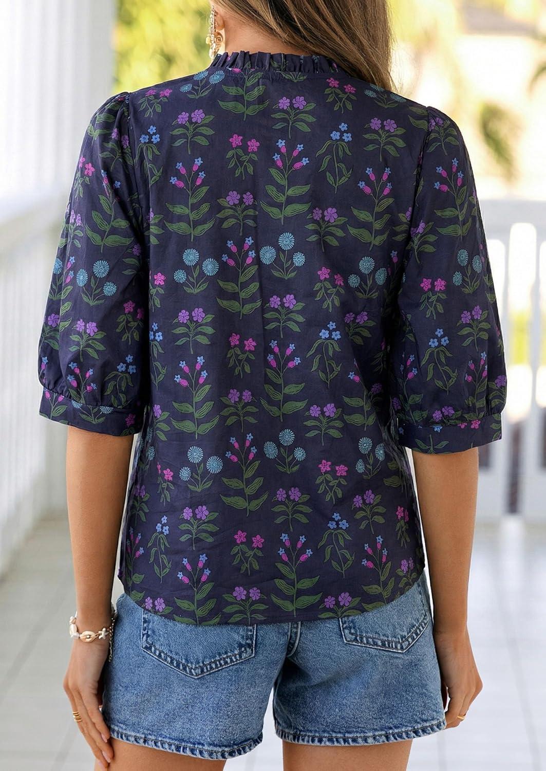 imagePRETTYGARDEN Womens 2026 Summer Floral Blouses Dressy Casual Half Sleeve V Neck Going Out Boho Tops Spring Fashion ClothingNavy Blue