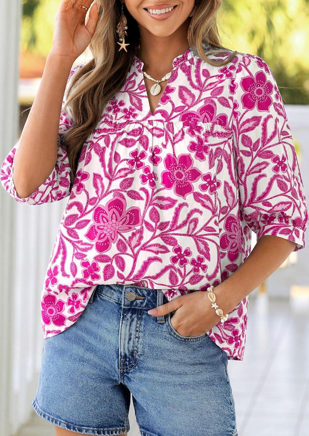 imagePRETTYGARDEN Womens 2026 Summer Floral Blouses Dressy Casual Half Sleeve V Neck Going Out Boho Tops Spring Fashion ClothingRose Red