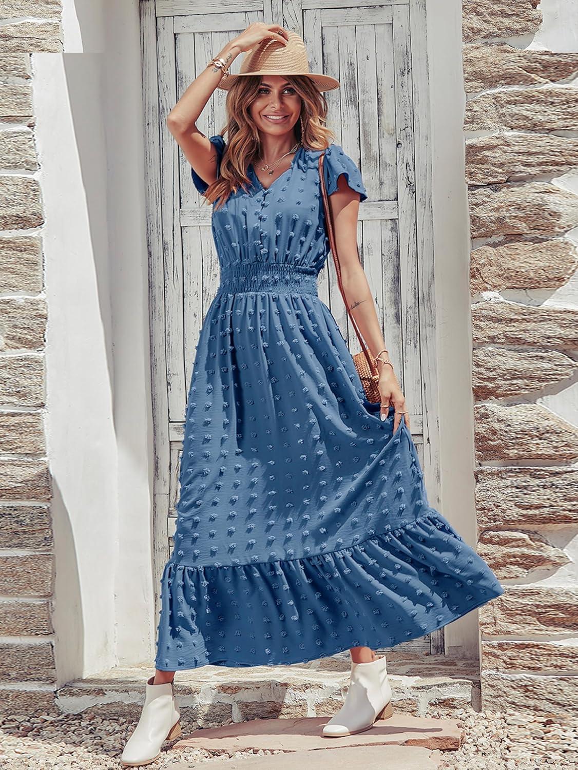 imagePRETTYGARDEN Womens Dresses 2026 Summer Maxi Dress Boho Short Sleeve V Neck Swiss Dot Ruffle Tiered Smocked Flowy Long DressAblue