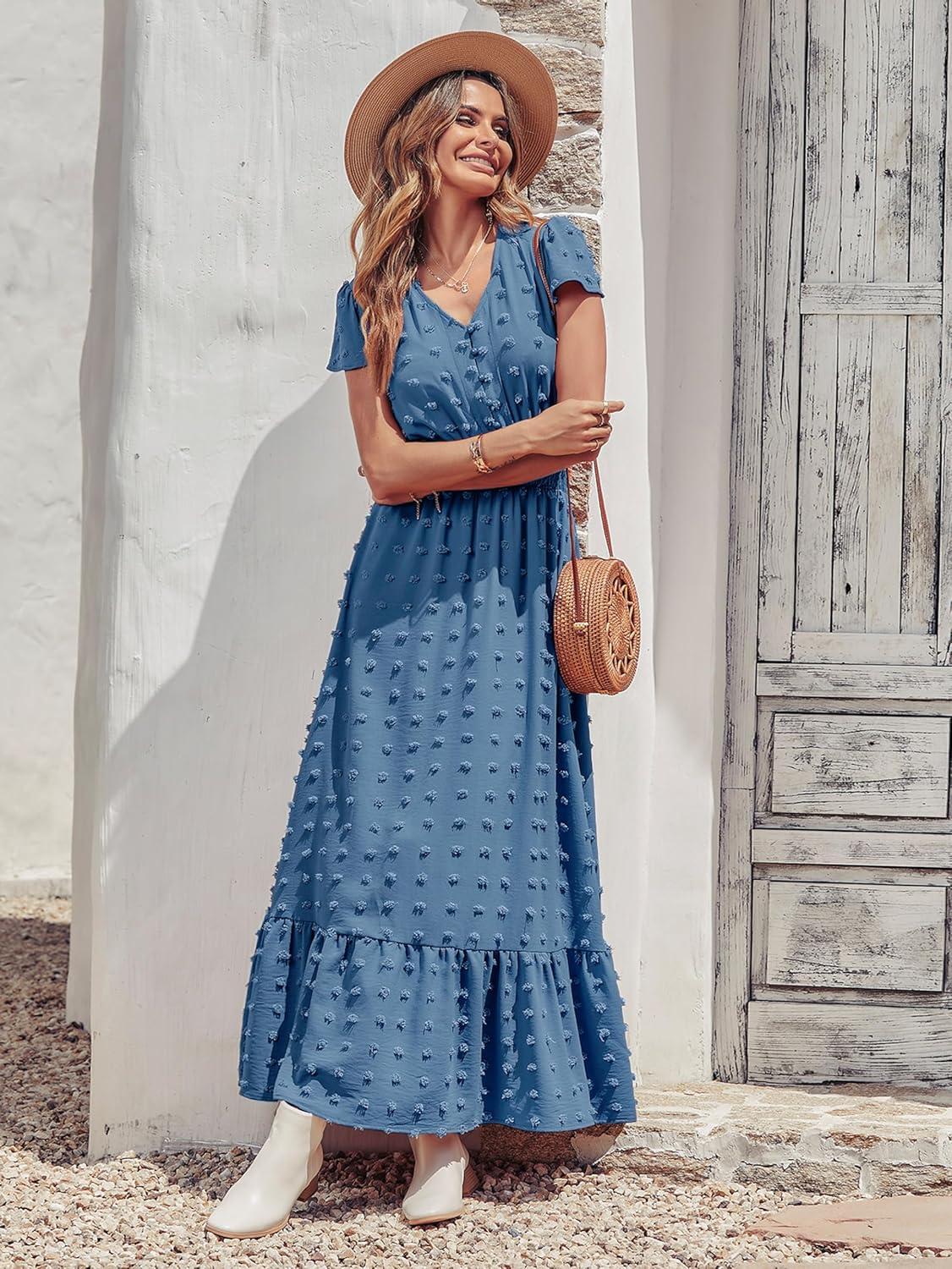 imagePRETTYGARDEN Womens Dresses 2026 Summer Maxi Dress Boho Short Sleeve V Neck Swiss Dot Ruffle Tiered Smocked Flowy Long DressAblue