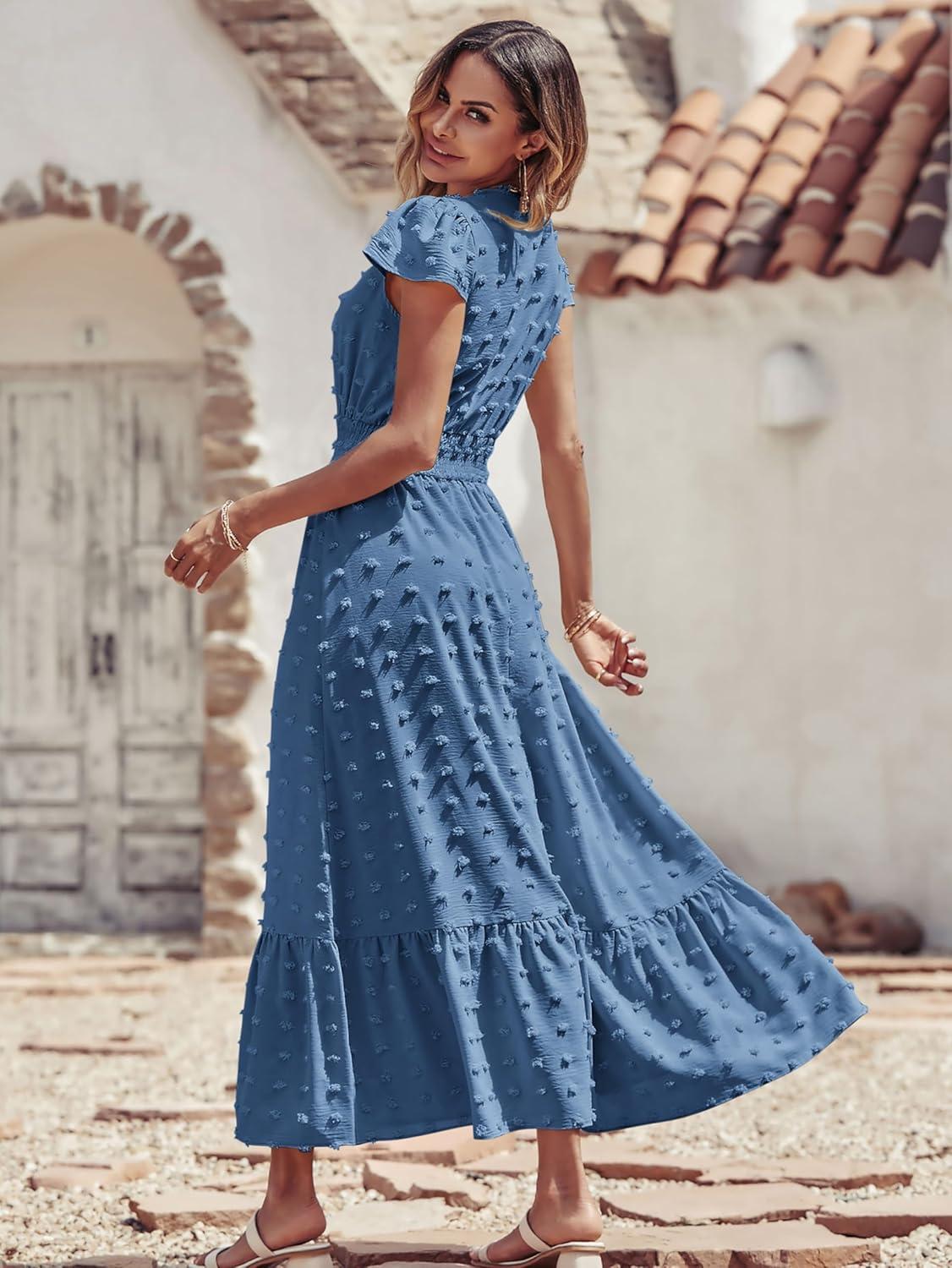 imagePRETTYGARDEN Womens Dresses 2026 Summer Maxi Dress Boho Short Sleeve V Neck Swiss Dot Ruffle Tiered Smocked Flowy Long DressAblue