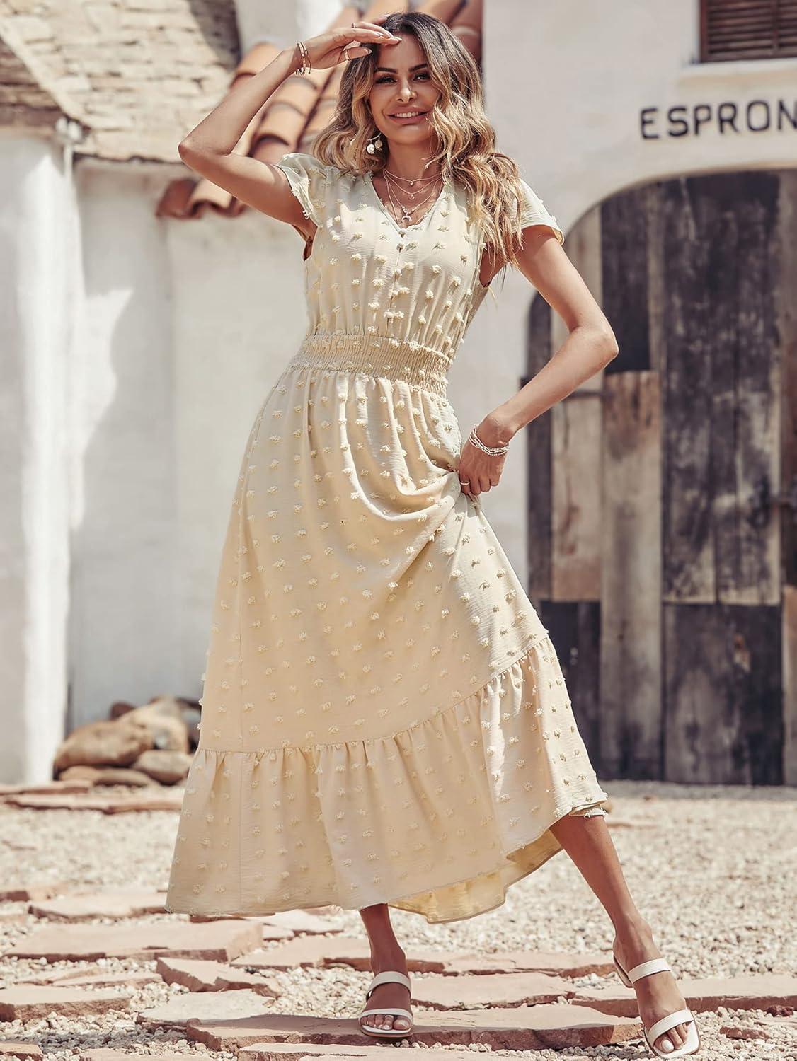 imagePRETTYGARDEN Womens Dresses 2026 Summer Maxi Dress Boho Short Sleeve V Neck Swiss Dot Ruffle Tiered Smocked Flowy Long DressApricot