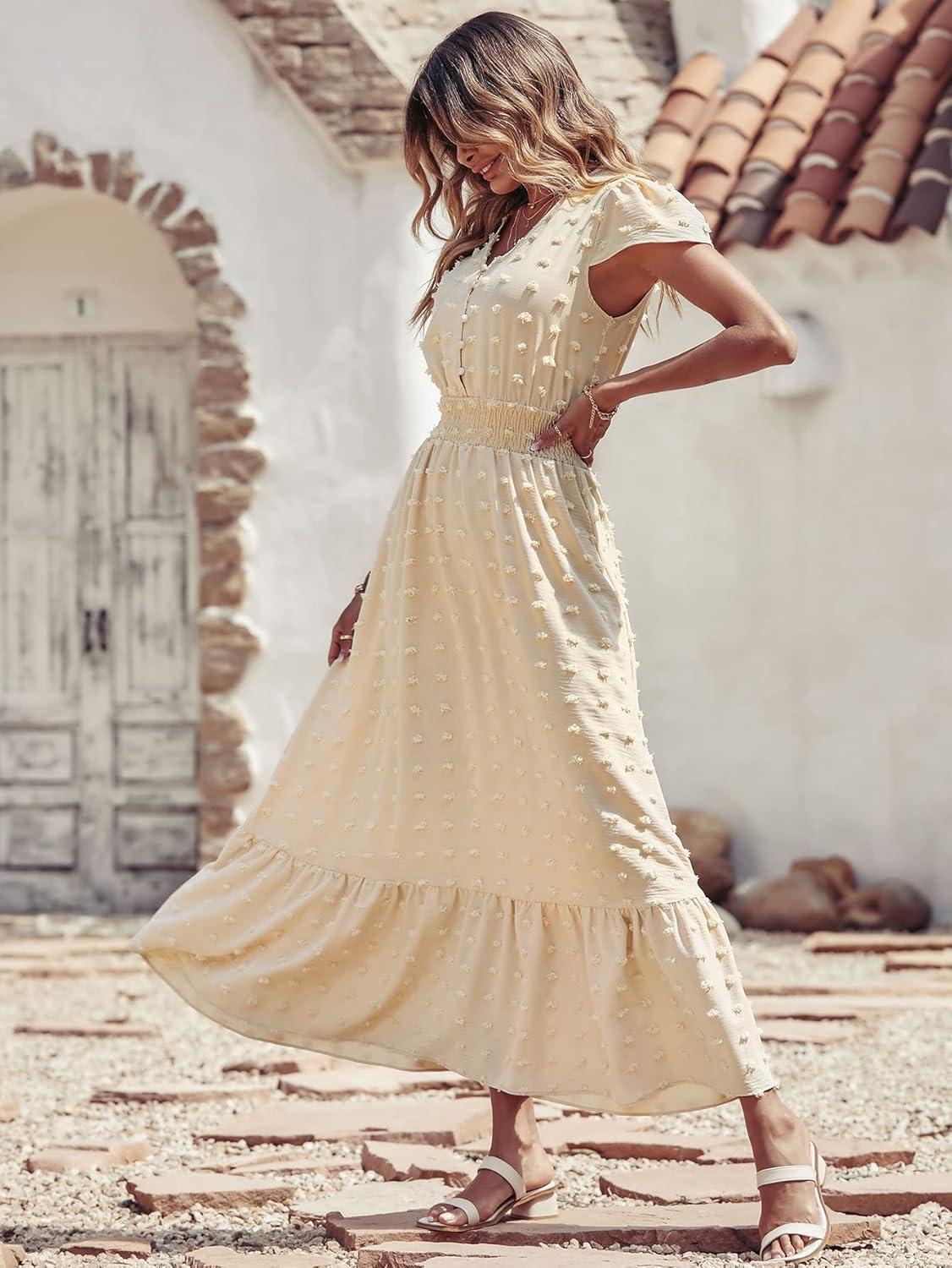 imagePRETTYGARDEN Womens Dresses 2026 Summer Maxi Dress Boho Short Sleeve V Neck Swiss Dot Ruffle Tiered Smocked Flowy Long DressApricot