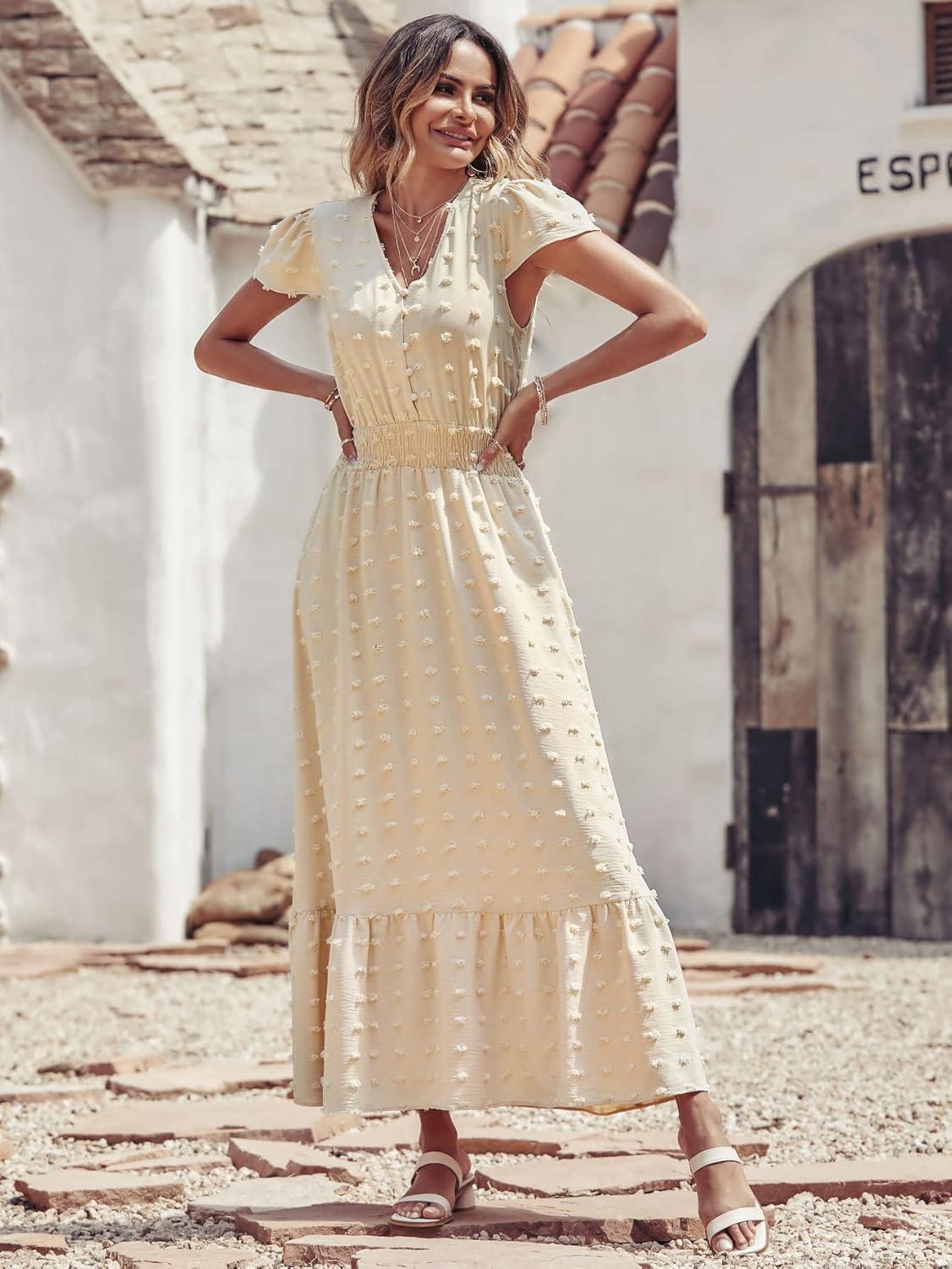 imagePRETTYGARDEN Womens Dresses 2026 Summer Maxi Dress Boho Short Sleeve V Neck Swiss Dot Ruffle Tiered Smocked Flowy Long DressApricot