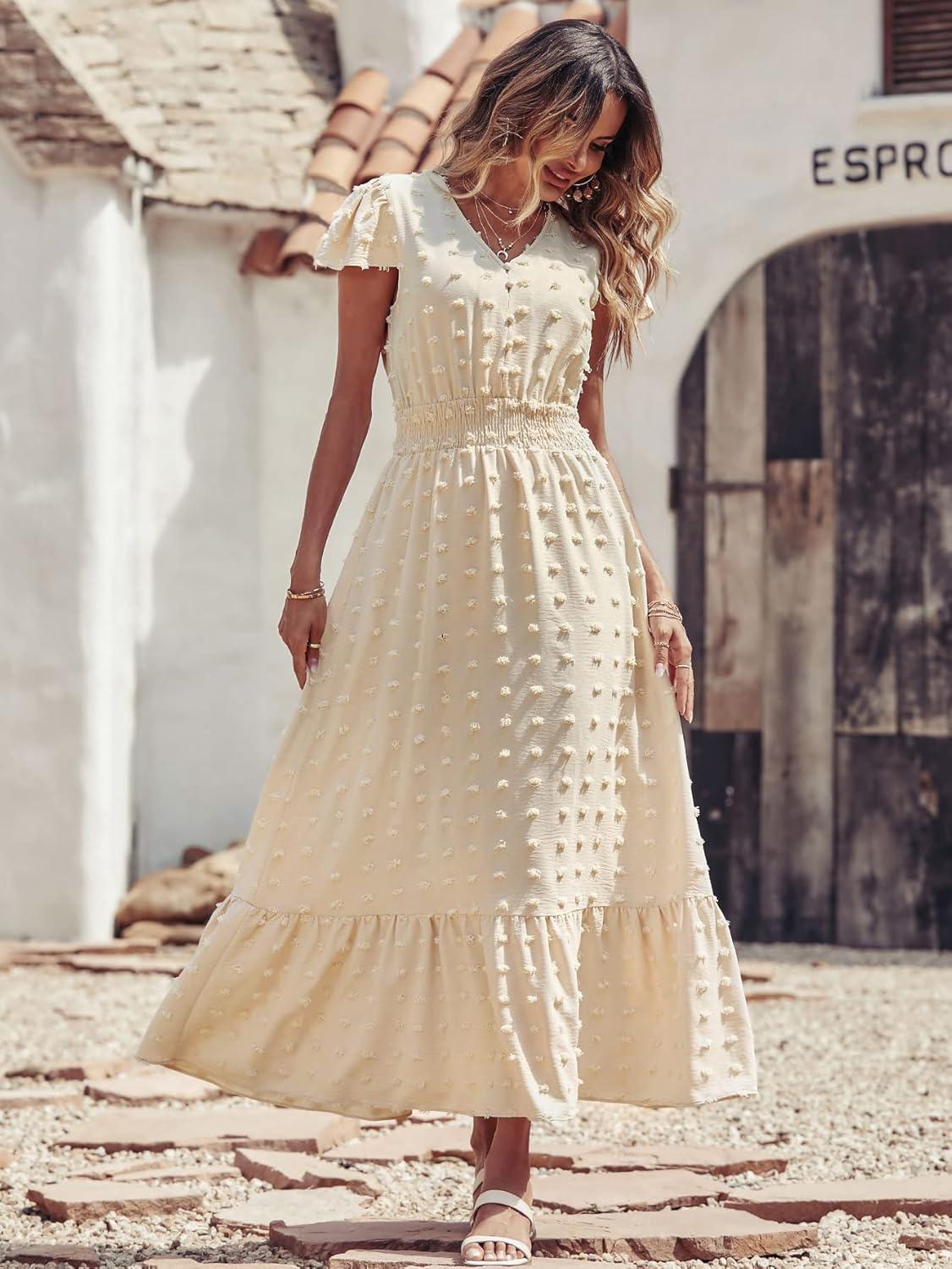 imagePRETTYGARDEN Womens Dresses 2026 Summer Maxi Dress Boho Short Sleeve V Neck Swiss Dot Ruffle Tiered Smocked Flowy Long DressApricot
