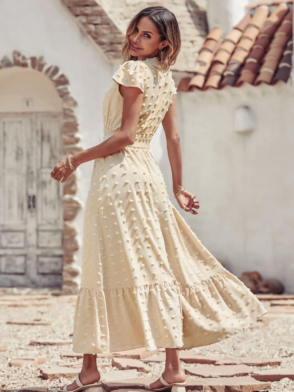 imagePRETTYGARDEN Womens Dresses 2026 Summer Maxi Dress Boho Short Sleeve V Neck Swiss Dot Ruffle Tiered Smocked Flowy Long DressApricot