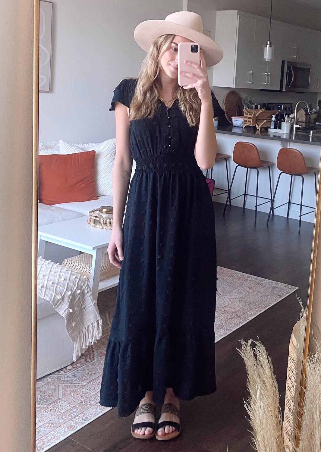 imagePRETTYGARDEN Womens Dresses 2026 Summer Maxi Dress Boho Short Sleeve V Neck Swiss Dot Ruffle Tiered Smocked Flowy Long DressBlack