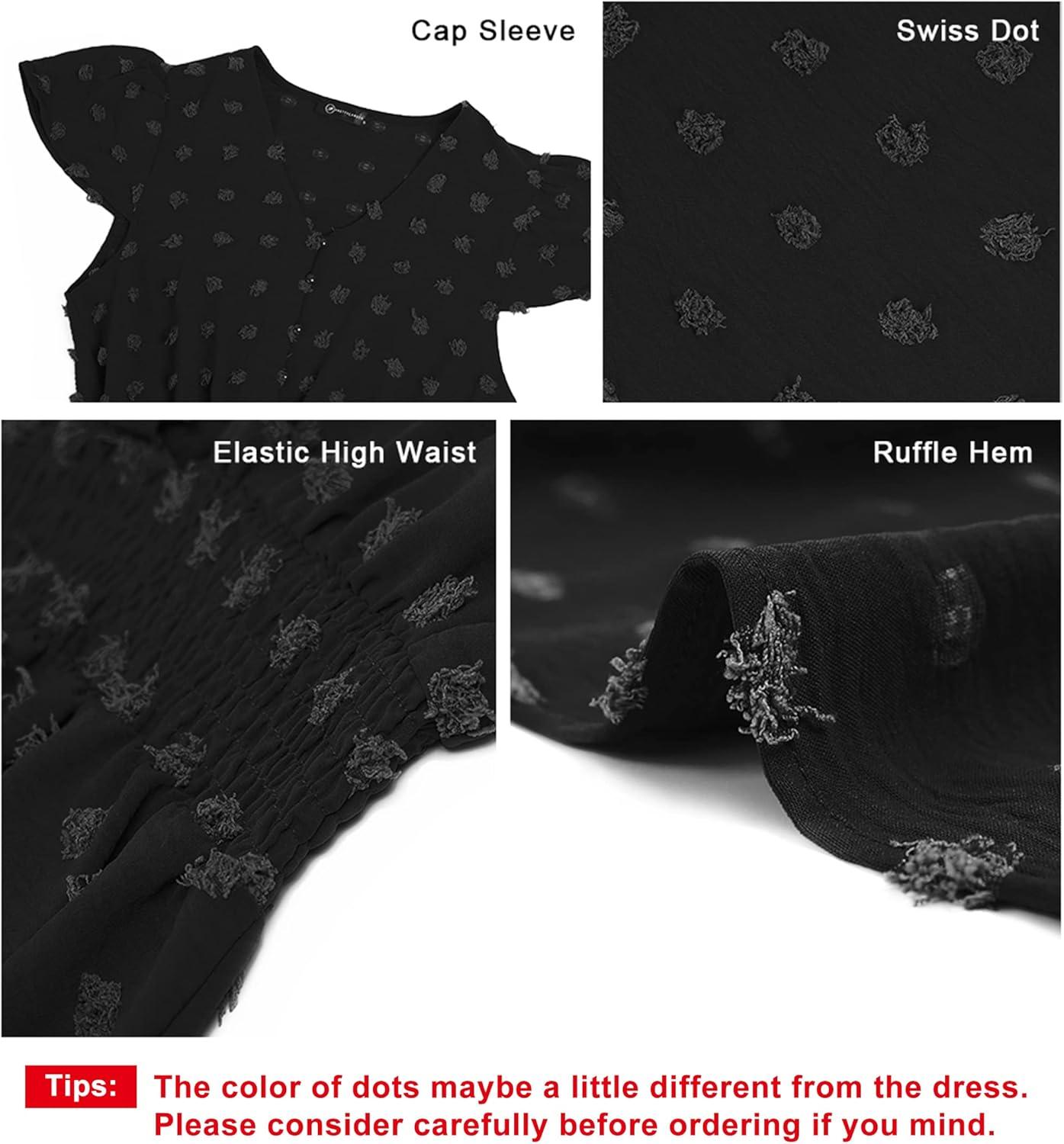 imagePRETTYGARDEN Womens Dresses 2026 Summer Maxi Dress Boho Short Sleeve V Neck Swiss Dot Ruffle Tiered Smocked Flowy Long DressBlack