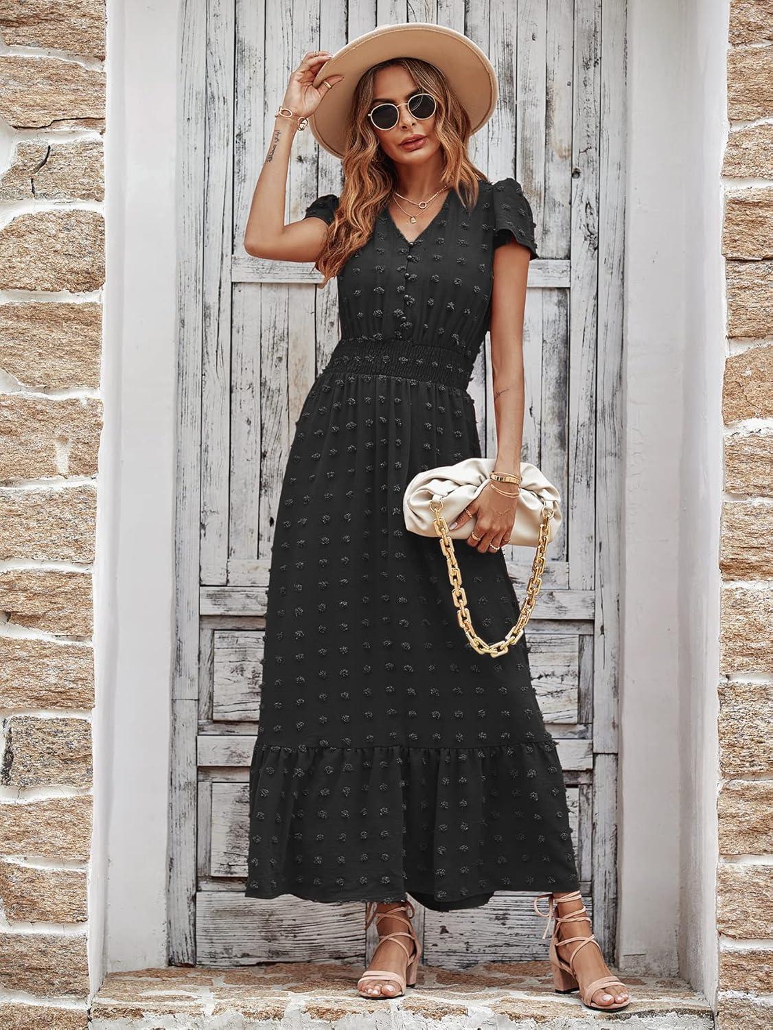imagePRETTYGARDEN Womens Dresses 2026 Summer Maxi Dress Boho Short Sleeve V Neck Swiss Dot Ruffle Tiered Smocked Flowy Long DressBlack