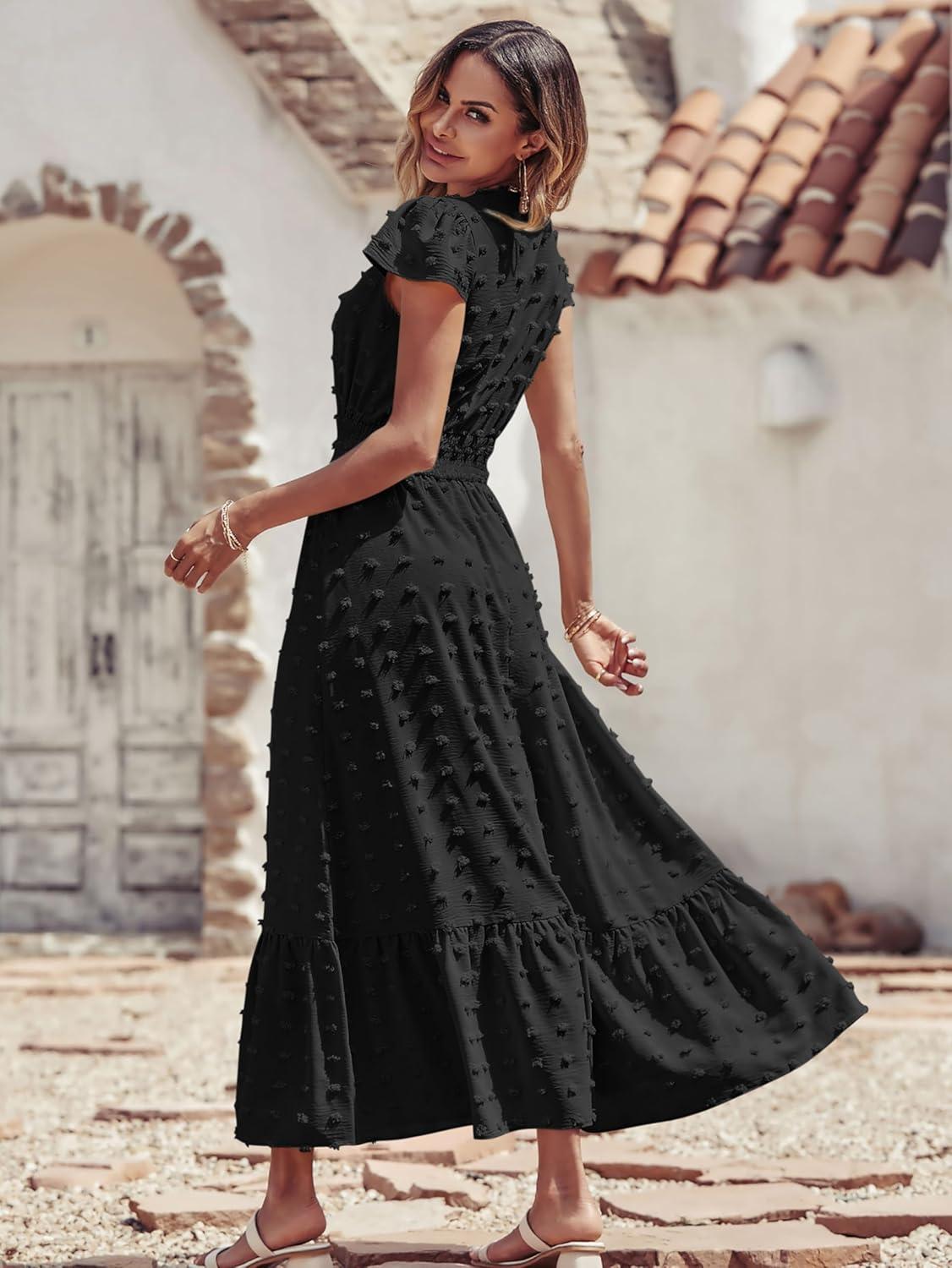 imagePRETTYGARDEN Womens Dresses 2026 Summer Maxi Dress Boho Short Sleeve V Neck Swiss Dot Ruffle Tiered Smocked Flowy Long DressBlack
