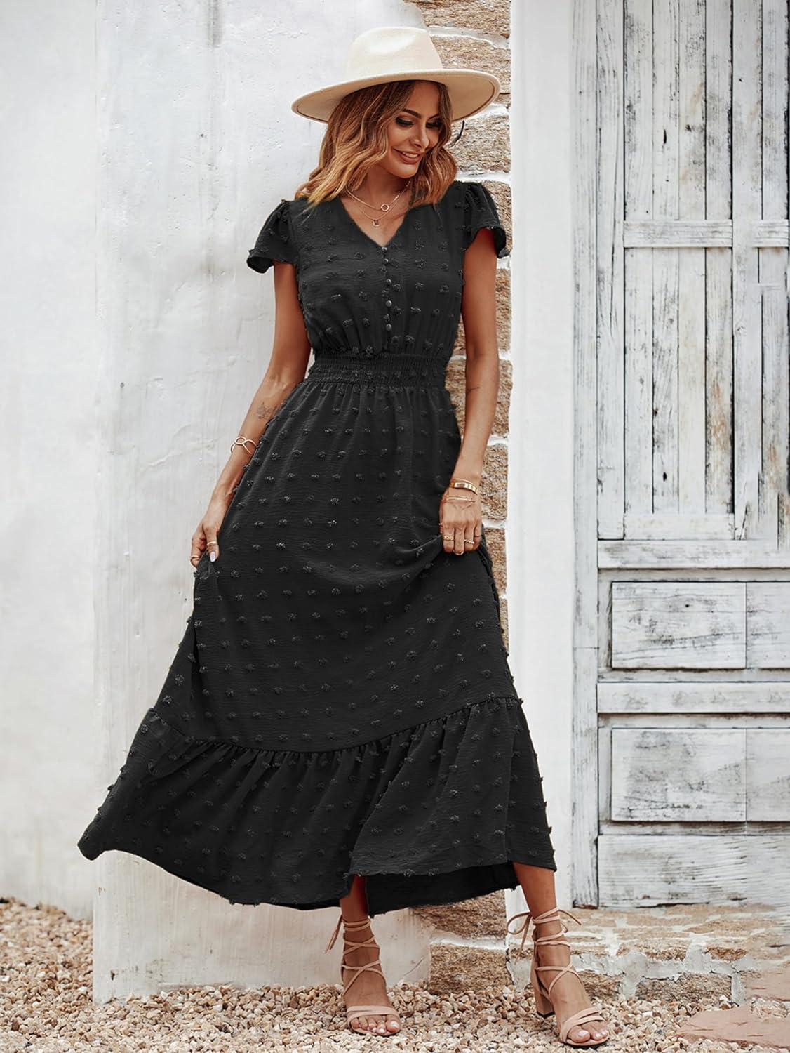imagePRETTYGARDEN Womens Dresses 2026 Summer Maxi Dress Boho Short Sleeve V Neck Swiss Dot Ruffle Tiered Smocked Flowy Long DressBlack