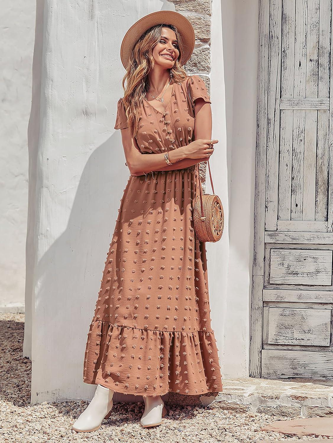 imagePRETTYGARDEN Womens Dresses 2026 Summer Maxi Dress Boho Short Sleeve V Neck Swiss Dot Ruffle Tiered Smocked Flowy Long DressBrown
