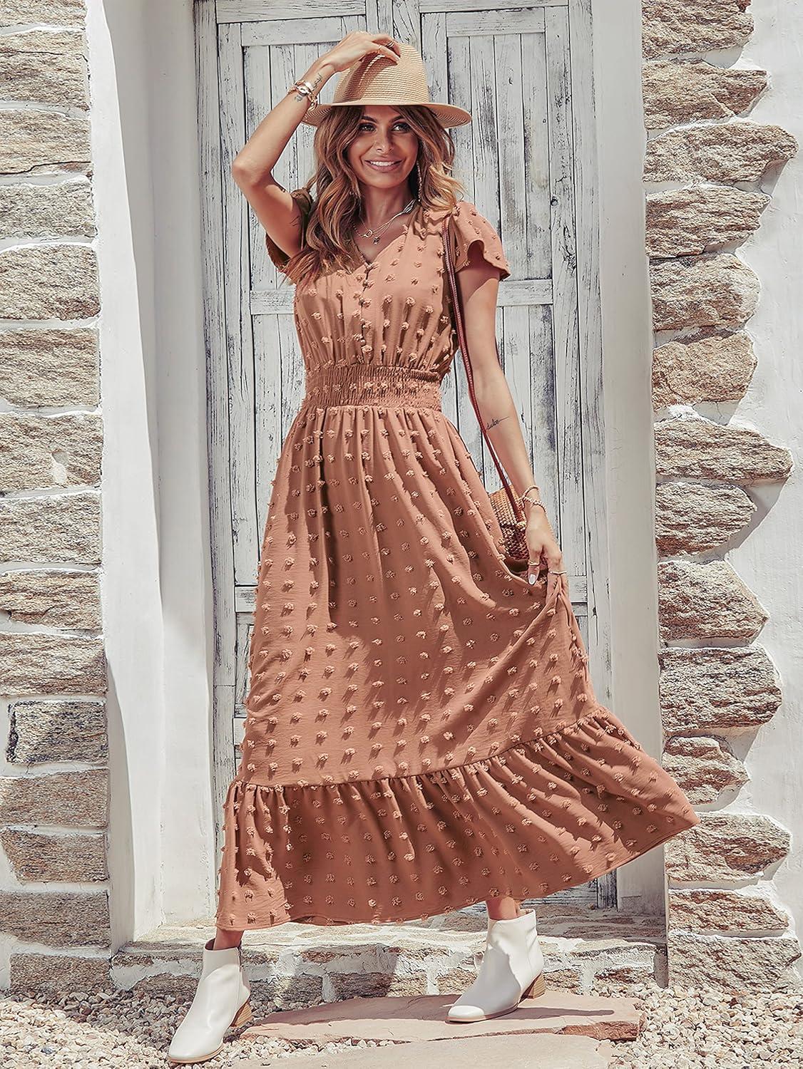 imagePRETTYGARDEN Womens Dresses 2026 Summer Maxi Dress Boho Short Sleeve V Neck Swiss Dot Ruffle Tiered Smocked Flowy Long DressBrown