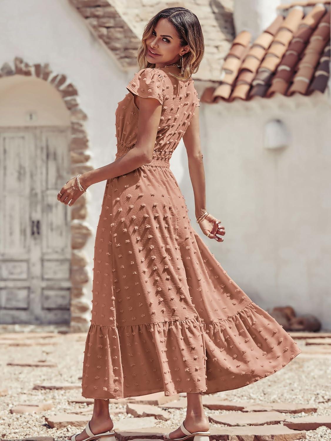 imagePRETTYGARDEN Womens Dresses 2026 Summer Maxi Dress Boho Short Sleeve V Neck Swiss Dot Ruffle Tiered Smocked Flowy Long DressBrown