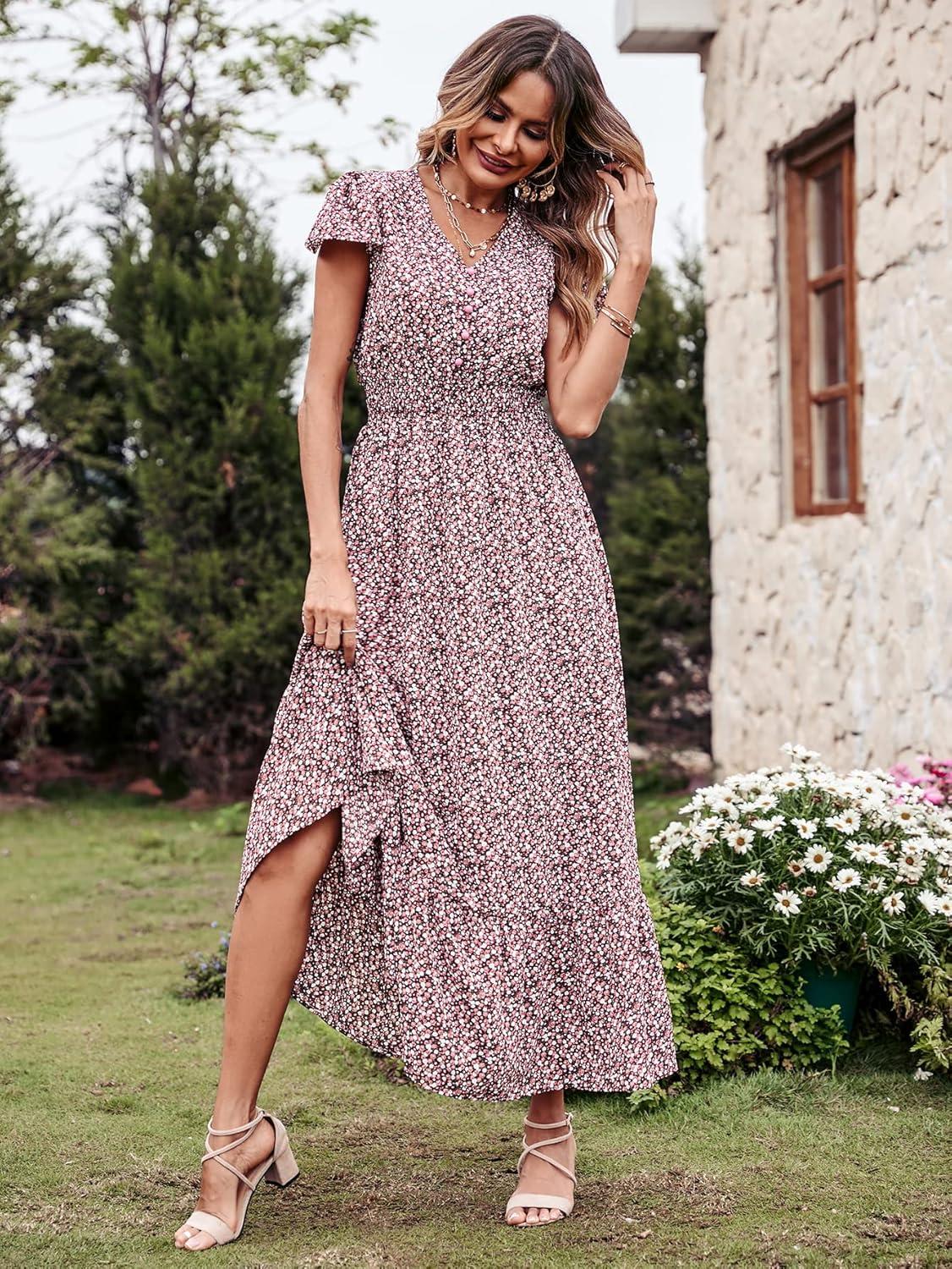 imagePRETTYGARDEN Womens Dresses 2026 Summer Maxi Dress Boho Short Sleeve V Neck Swiss Dot Ruffle Tiered Smocked Flowy Long DressCoffee Pink