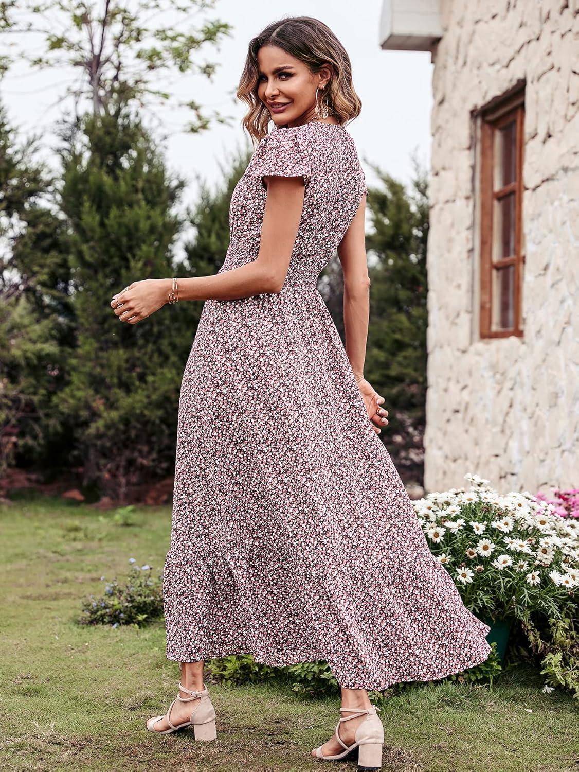 imagePRETTYGARDEN Womens Dresses 2026 Summer Maxi Dress Boho Short Sleeve V Neck Swiss Dot Ruffle Tiered Smocked Flowy Long DressCoffee Pink